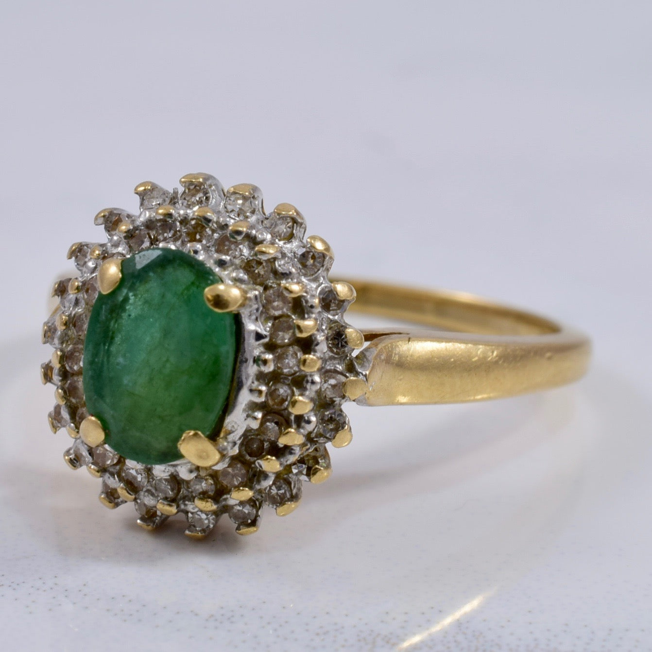 Prong Set Emerald Ring with Diamond Cluster | 0.22 ctw SZ 6.5 |