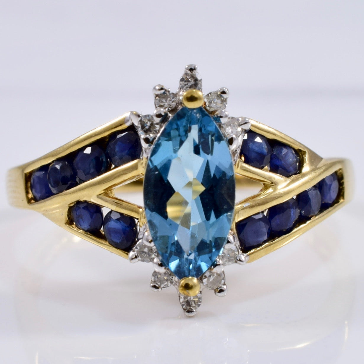 London Blue Topaz Ring with Accent Sapphires and Diamonds | 0.09 ctw SZ 9 |