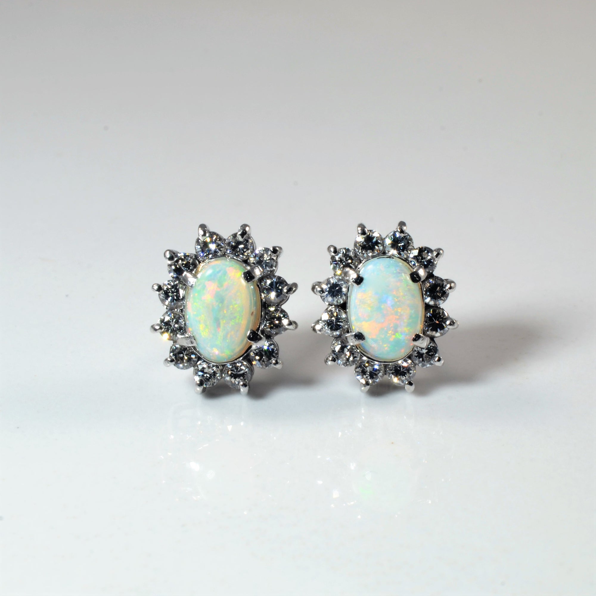 Opal & Halo Diamond Stud Earrings | 1.00ctw, 0.50ctw |