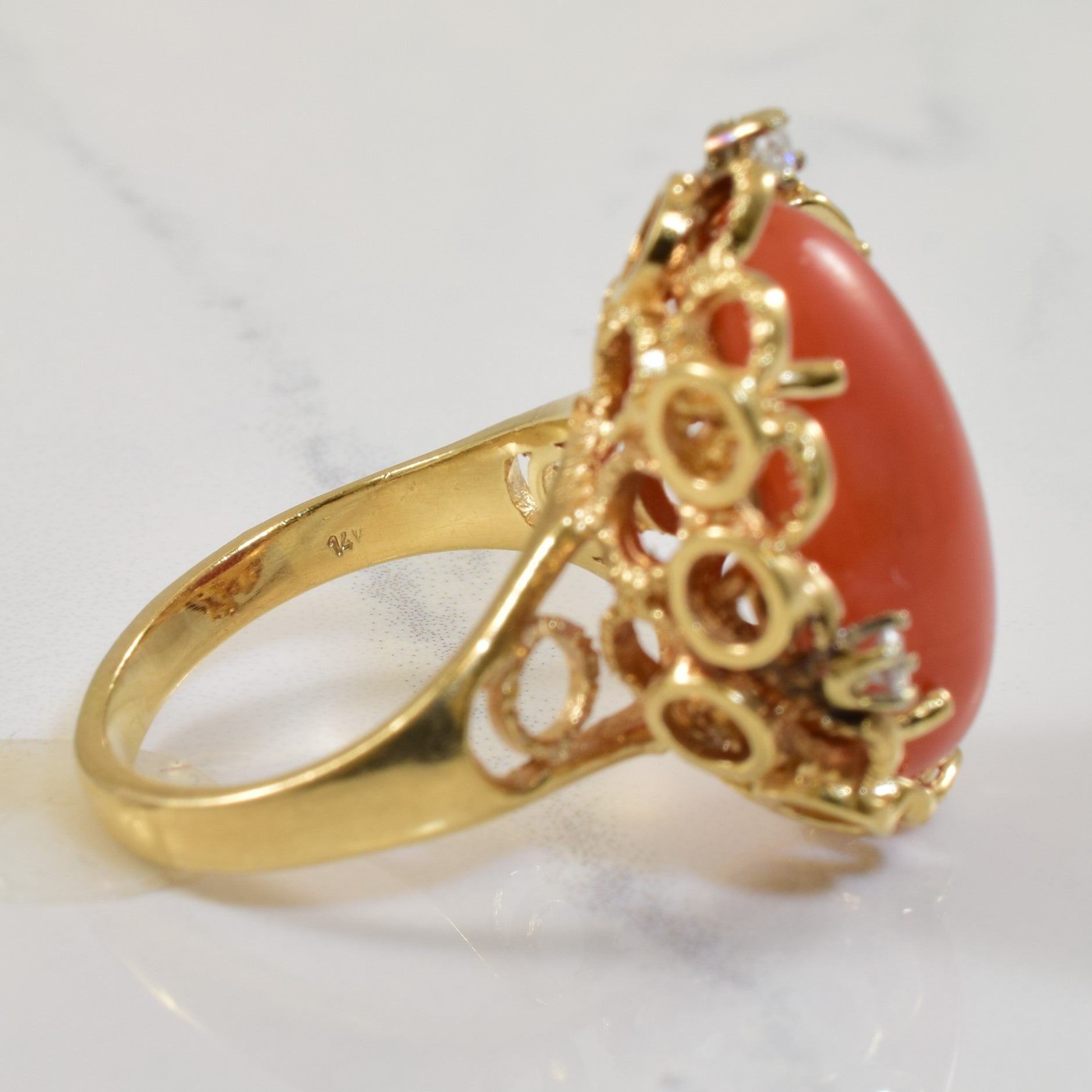Coral & Diamond Bubble Halo Ring | 12.0ct, 0.12ctw | SZ 6.25 |