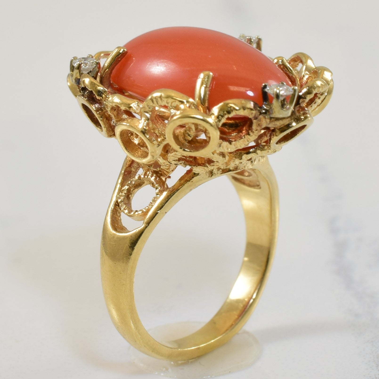 Coral & Diamond Bubble Halo Ring | 12.0ct, 0.12ctw | SZ 6.25 |
