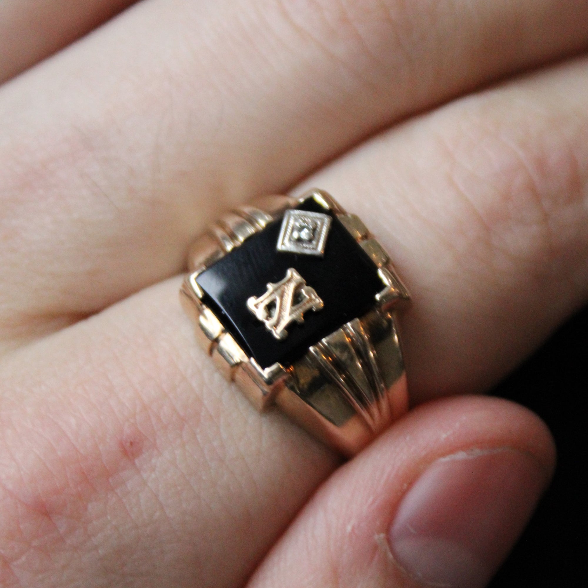 Onyx & Diamond Initial 'N' Signet Ring | 2.00ct, 0.01ct | SZ 10 |