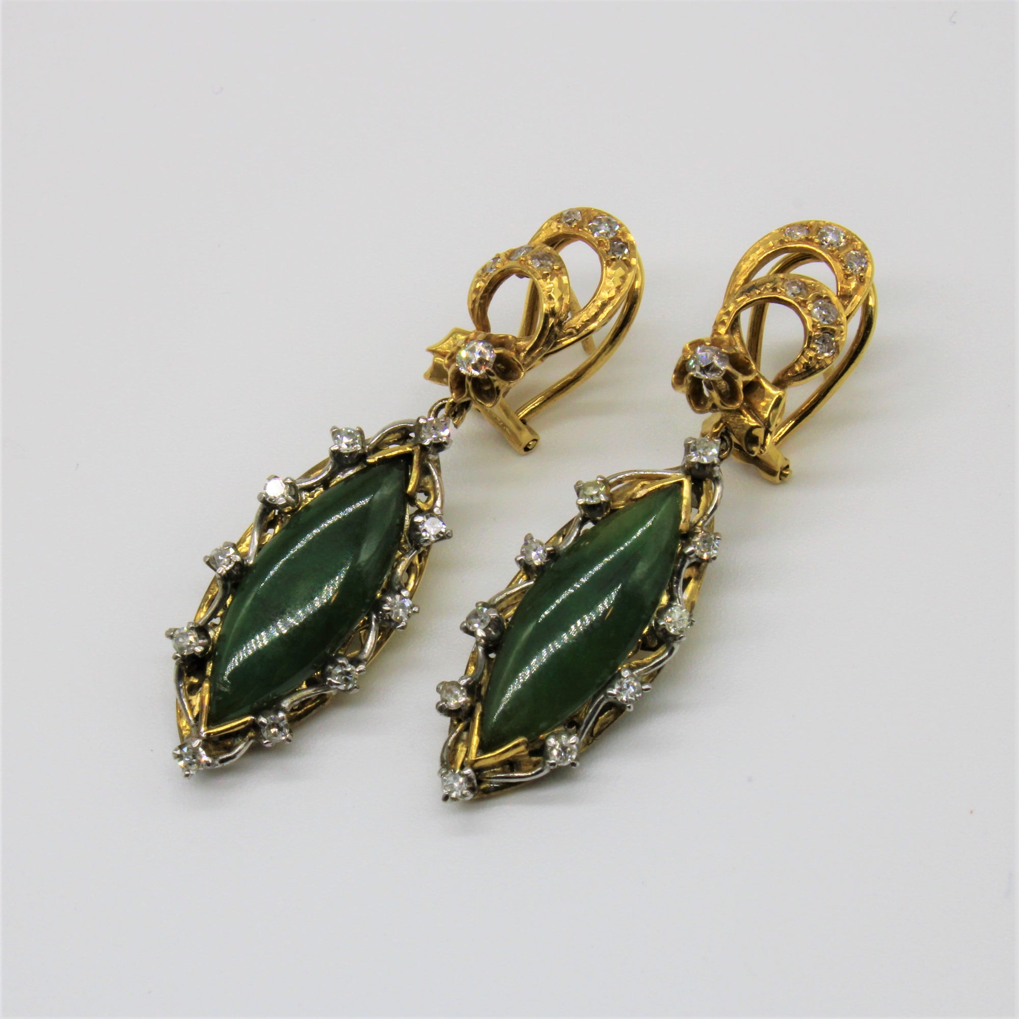 Early 1900s Jade & Diamond Drop Earrings | 4.40ct, 0.40ctw |
