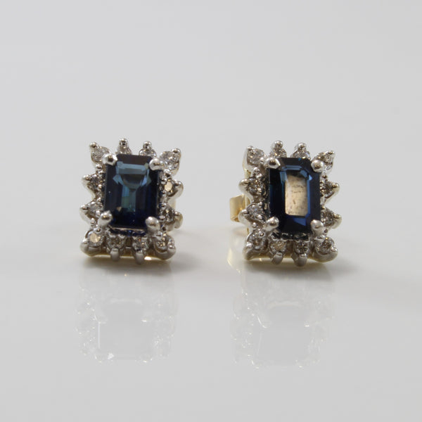 Emerald Cut Sapphire & Diamond Halo Stud Earrings | 1.50ctw, 0.20ctw |