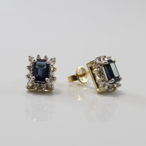 Emerald Cut Sapphire & Diamond Halo Stud Earrings | 1.50ctw, 0.20ctw |