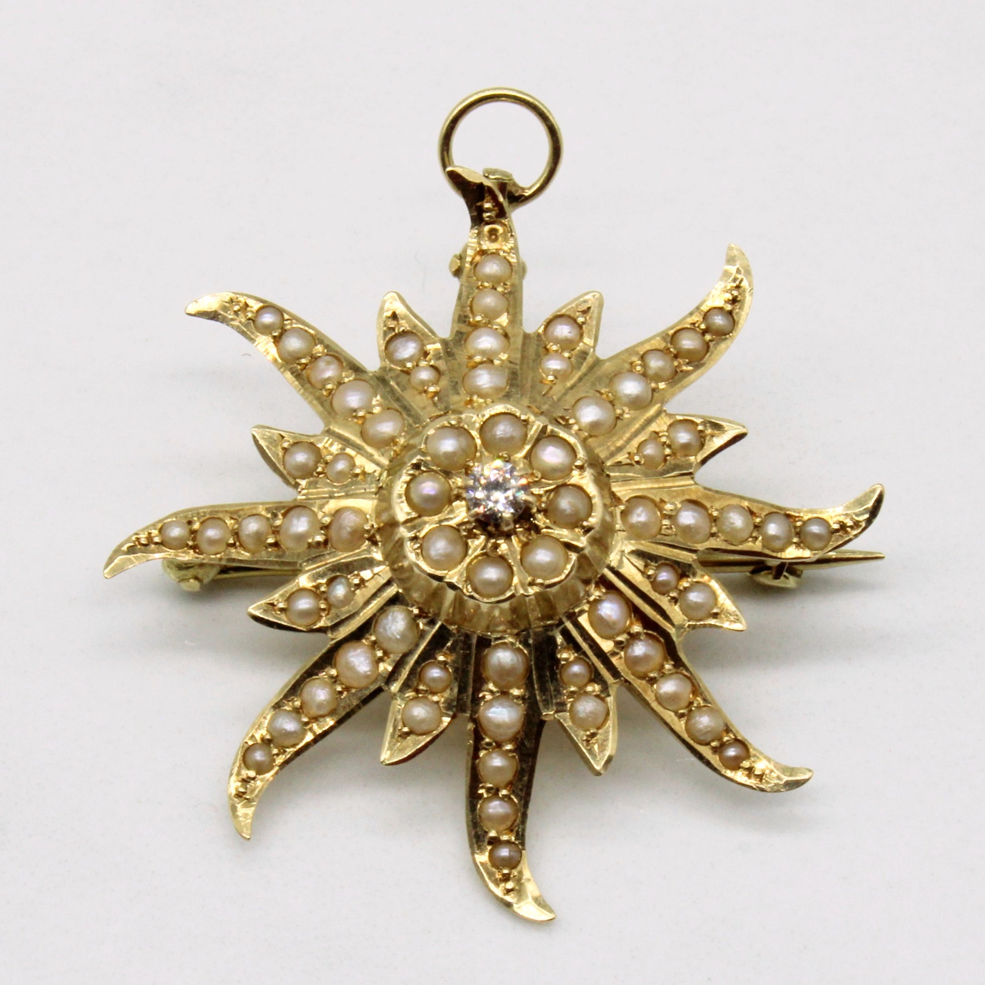 Mid Century Seed Pearl & Diamond Sun Brooch/Pendant | 0.07ct |