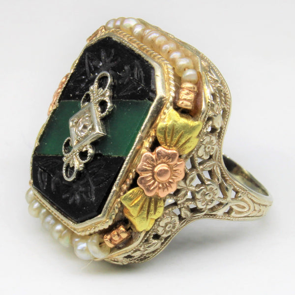 Pearl Detailed Onyx Agate Diamond Cocktail Ring | 0.02ctw | SZ 4.25 |
