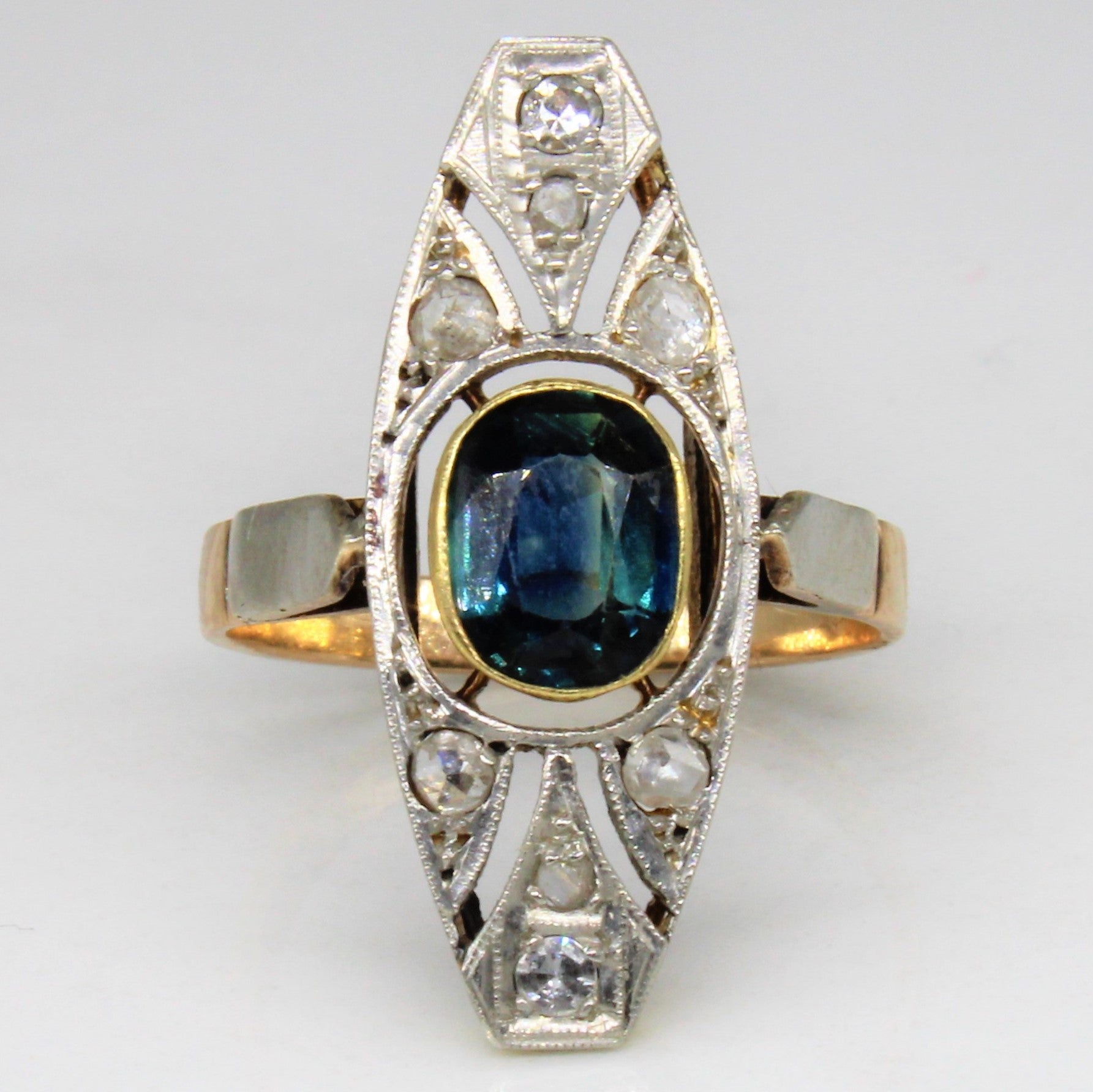 Art Deco Cushion Sapphire & Diamond Cocktail Ring | 1.30ct, 0.20ctw | SZ 6.5 |
