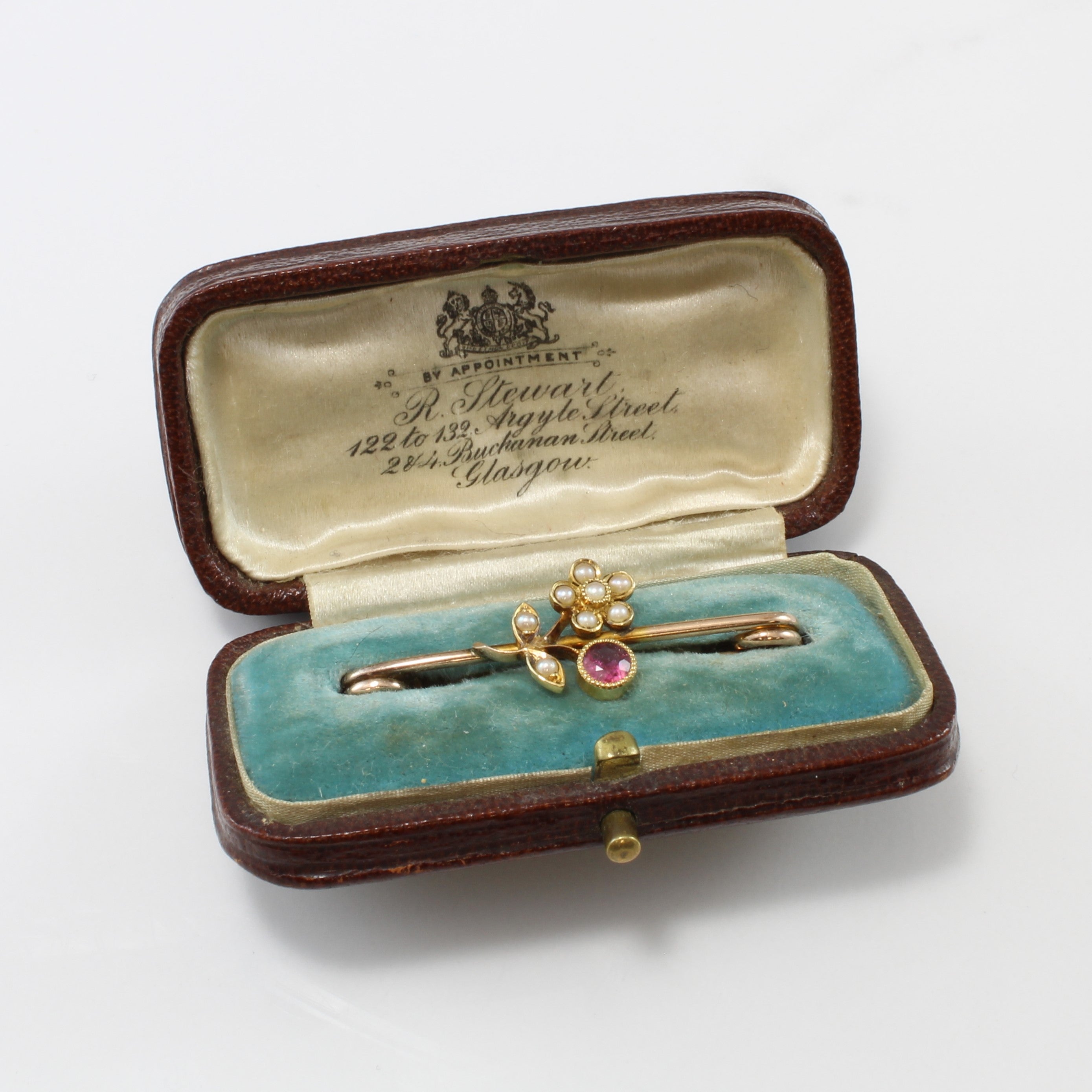 R. Stewart' Victorian Era Floral Tourmaline & Seed Pearl Brooch