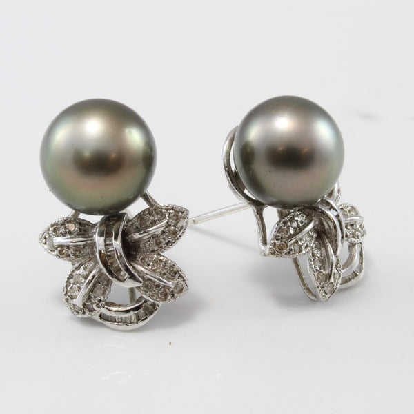 Black Pearl & Diamond Bow Stud Earrings | 0.50ctw |