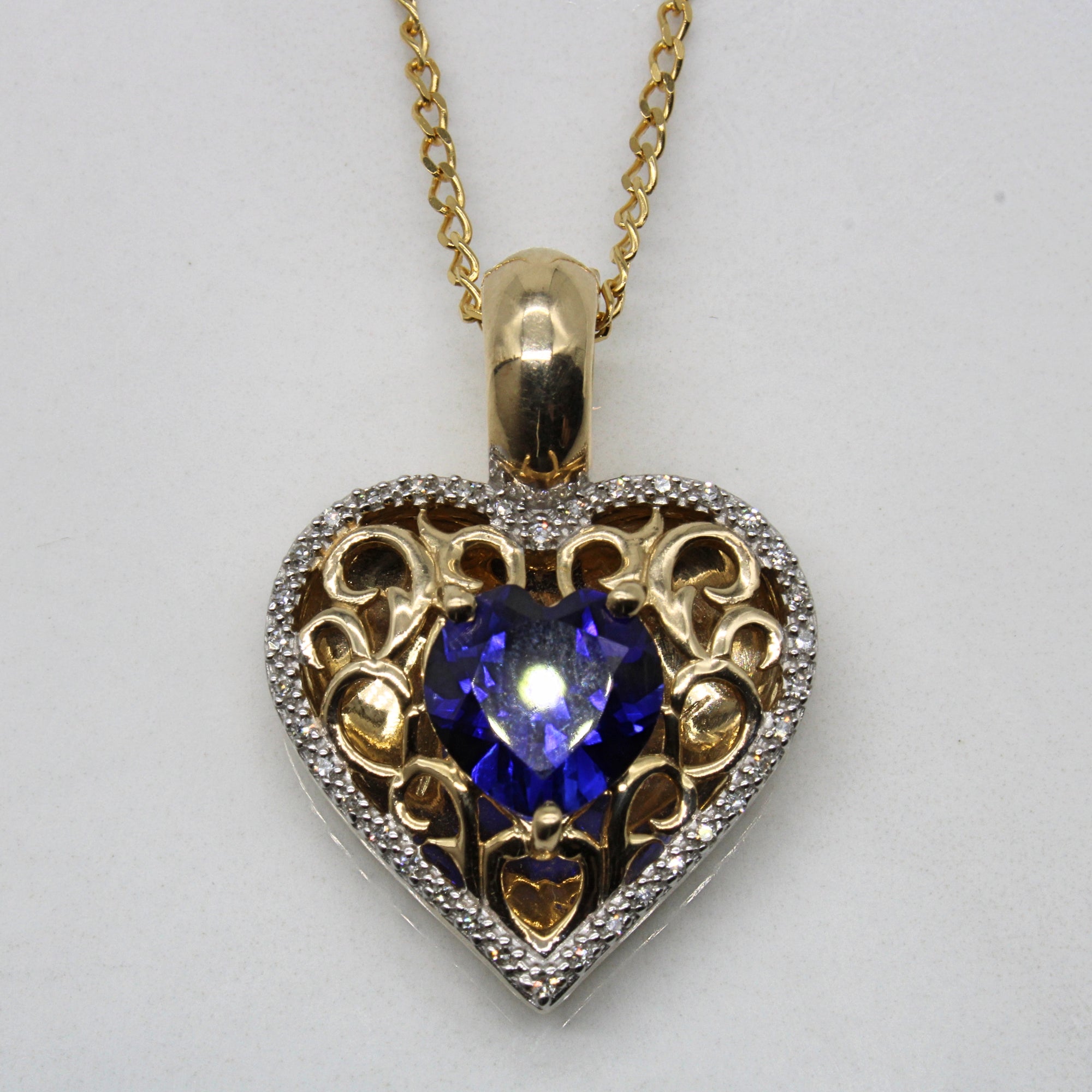 Synthetic Sapphire & Diamond Heart Pendant Necklace | 2.65ct, 0.10ctw | 20
