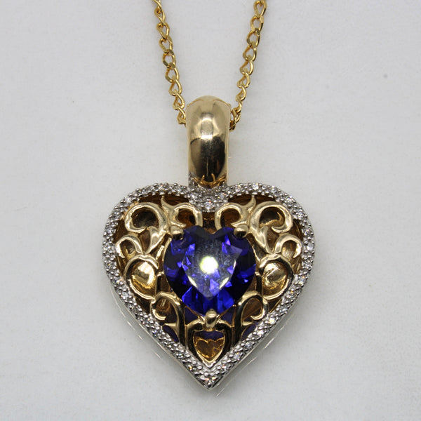 Synthetic Sapphire & Diamond Heart Pendant Necklace | 2.65ct, 0.10ctw | 20