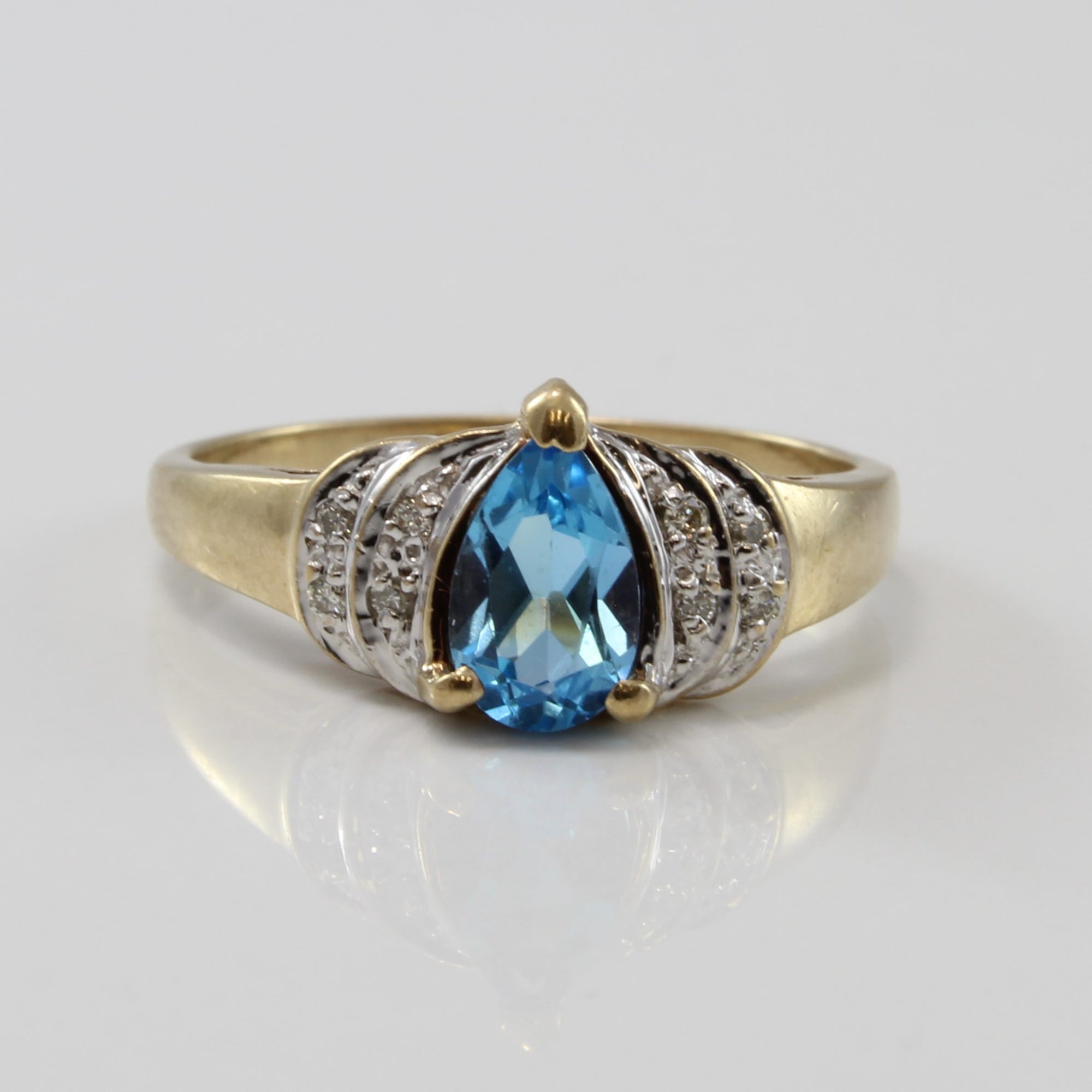 Brilliant Pear Cut Blue Topaz & Diamond Ring | 0.90ct, 0.04ctw | SZ 8.5 |
