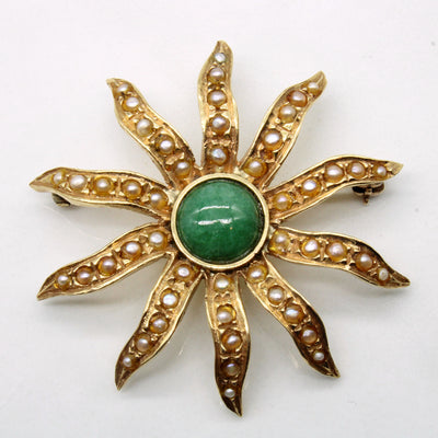 Mid Century Jadeite & Pearl Sun Brooch | 1.50ct |