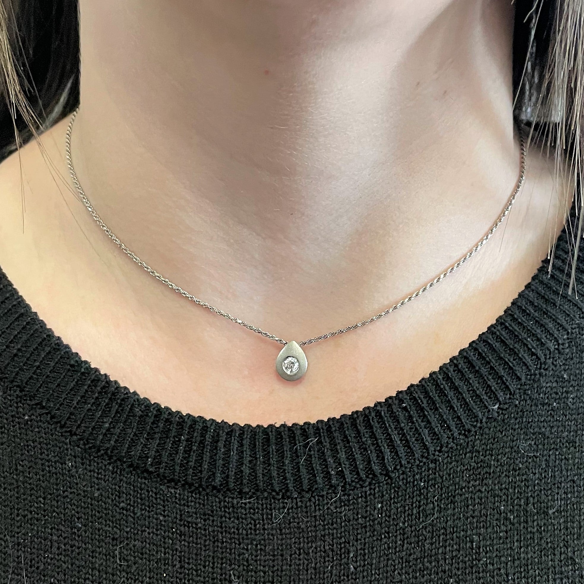 Satin Finish Diamond Tear Drop Necklace | 0.22ct | 16" |