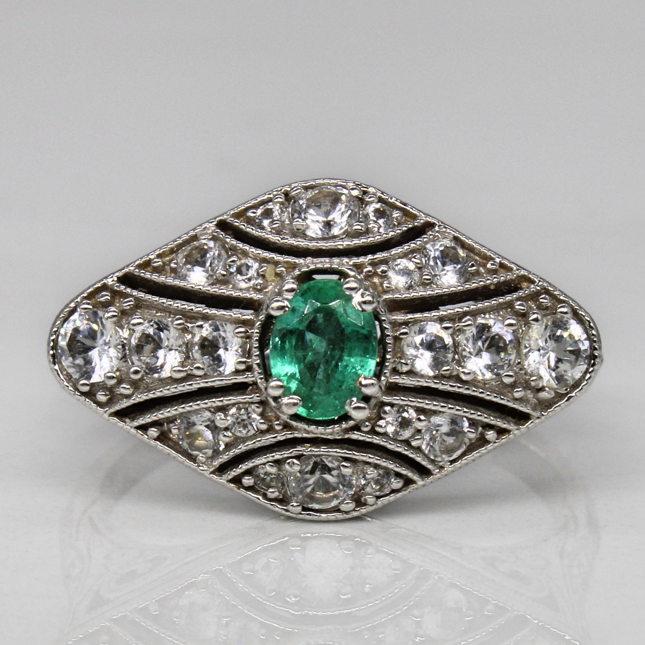 White Sapphire & Emerald Art Deco Inspired Ring | 0.56ctw, 0.20ct | SZ 8.75 |