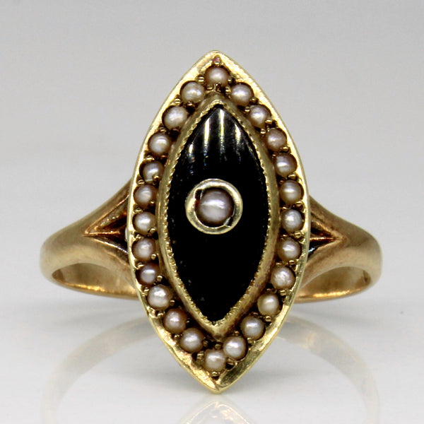 Early 1900s Onyx & Pearl Navette Ring | 0.75ct | SZ 5 |
