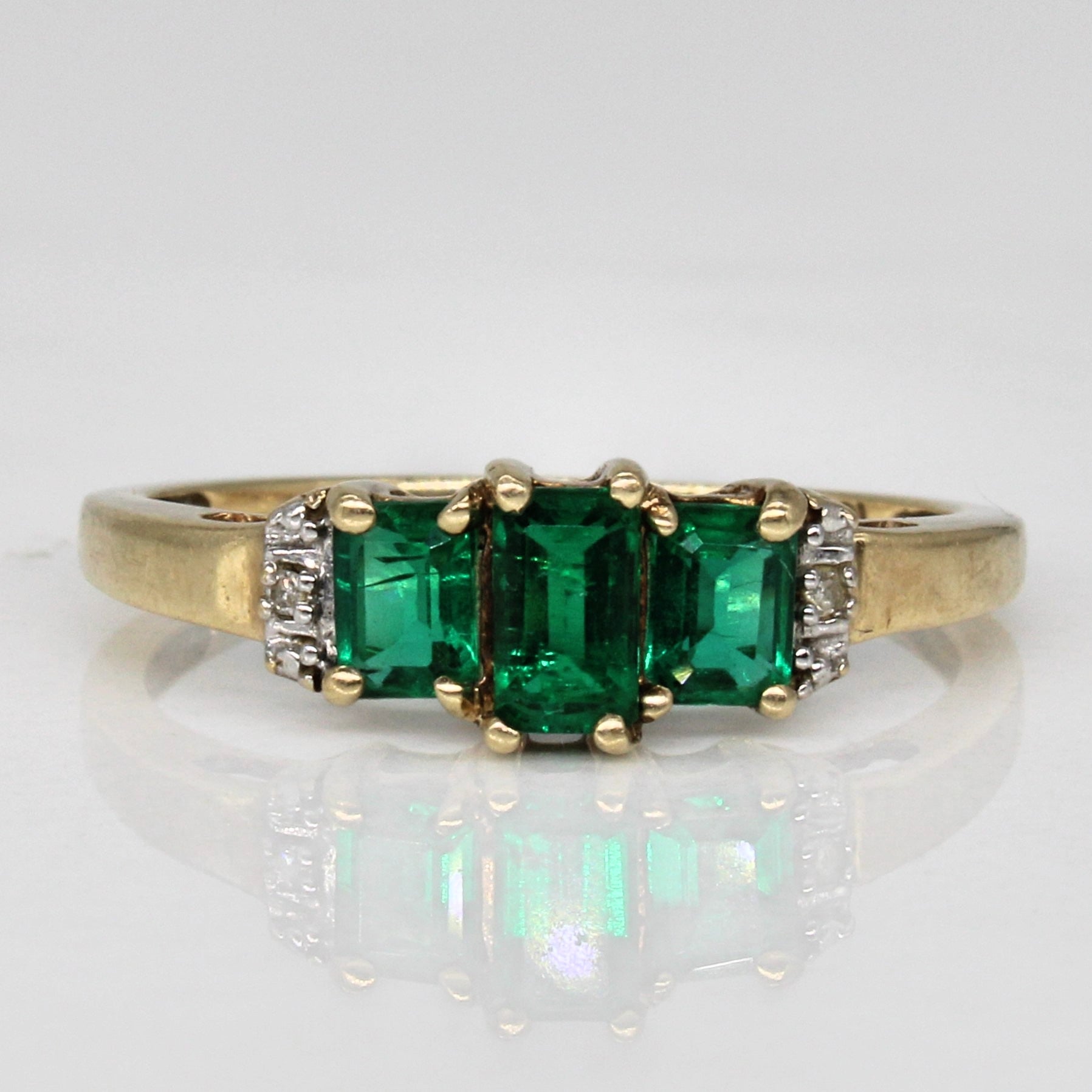 Synthetic Emerald & Diamond Three Stone Ring | 0.54ctw, 0.01ctw | SZ 7.25 |