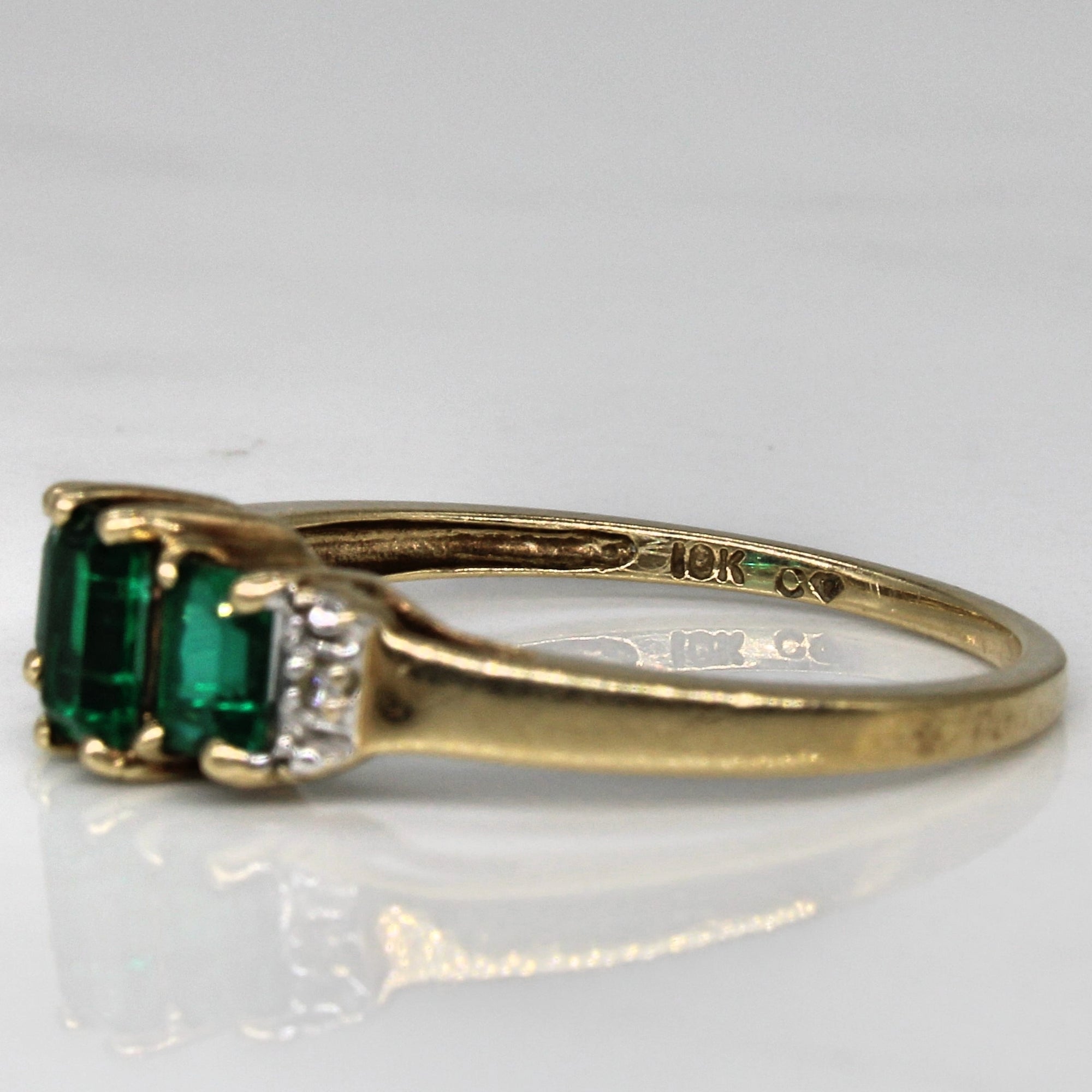 Synthetic Emerald & Diamond Three Stone Ring | 0.54ctw, 0.01ctw | SZ 7.25 |