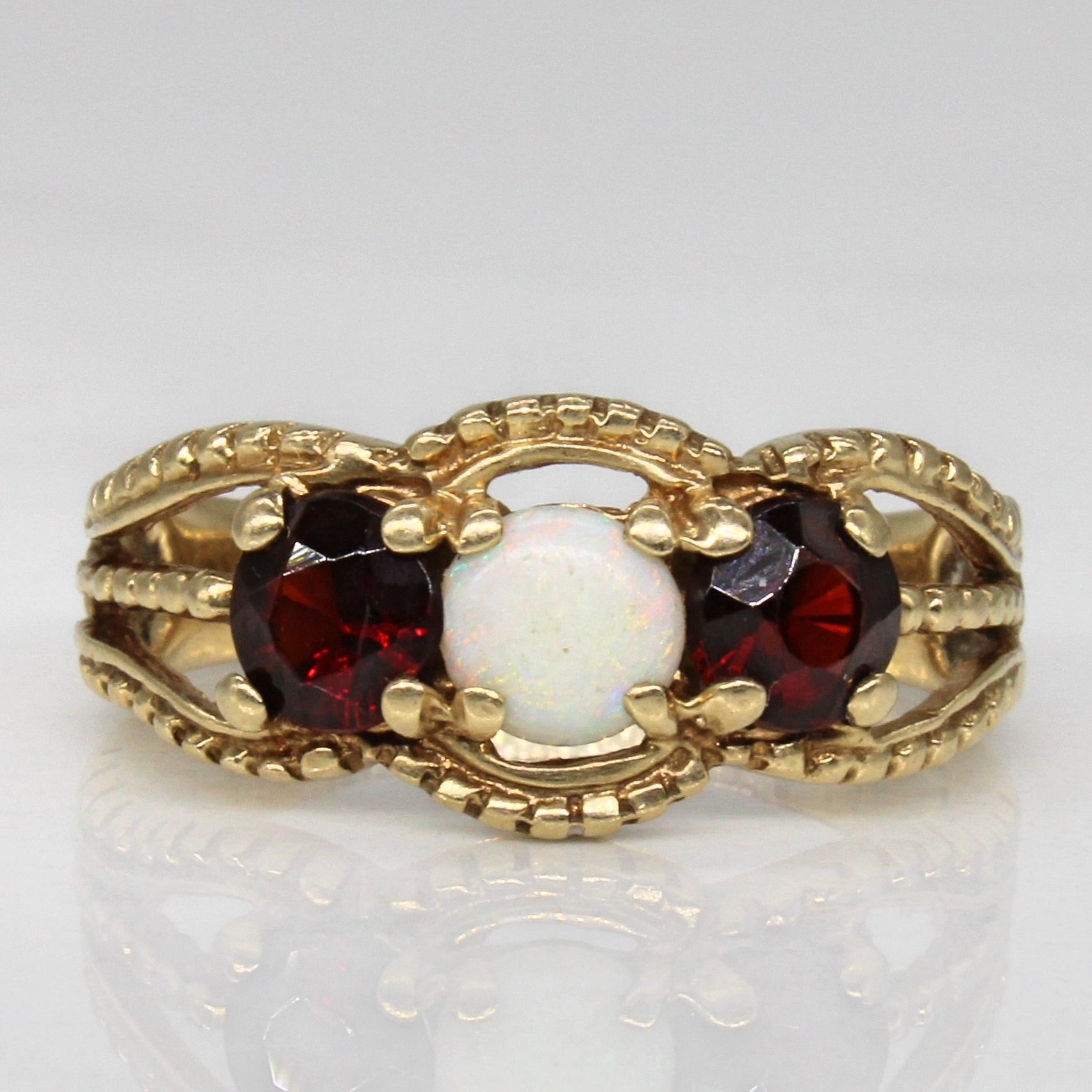 Garnet & Opal Three Stone Ring | 0.65ctw, 0.19ct | SZ 5 |