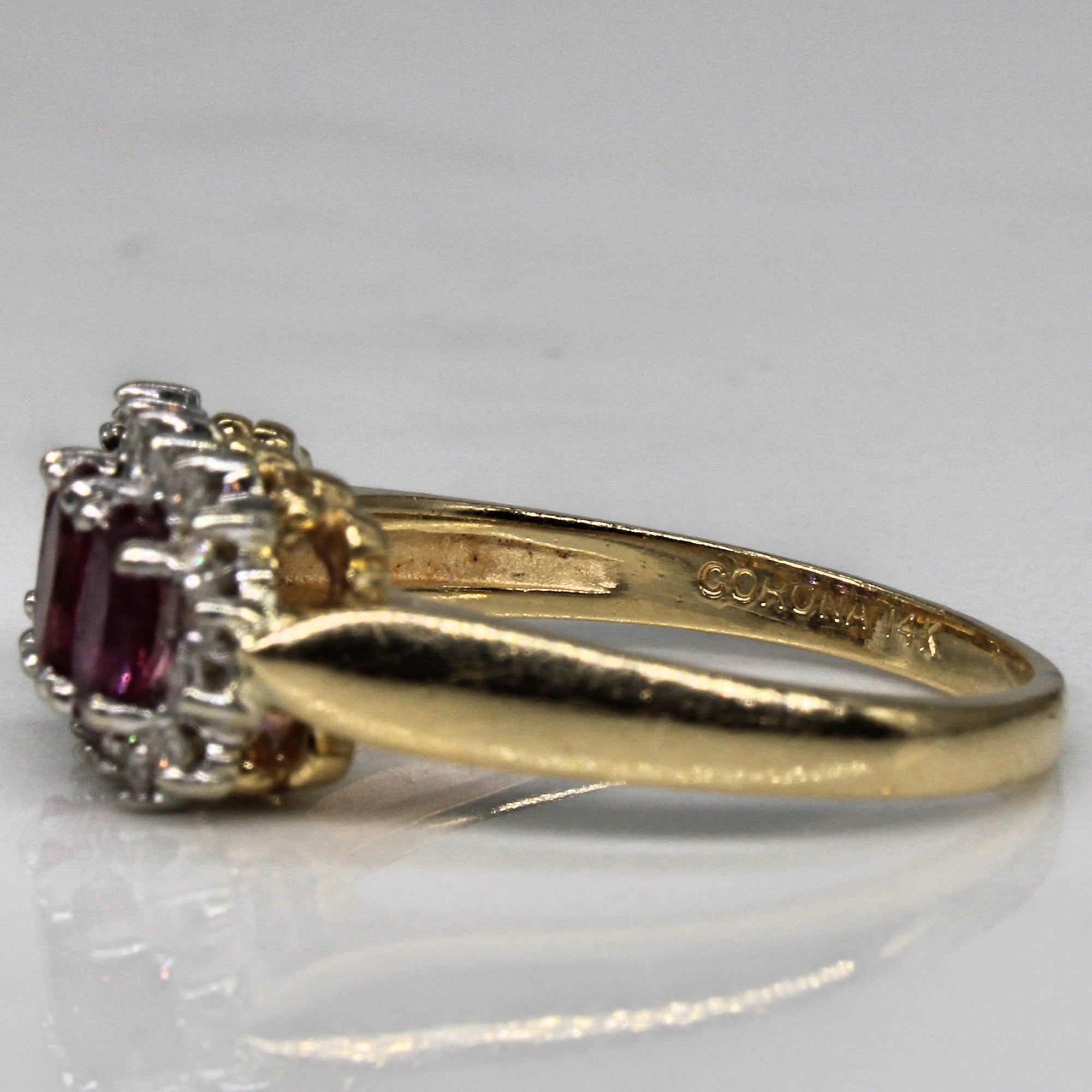 Ruby & Diamond Three Stone Halo Ring | 0.90ctw, 0.15ctw | SZ 6.25 |