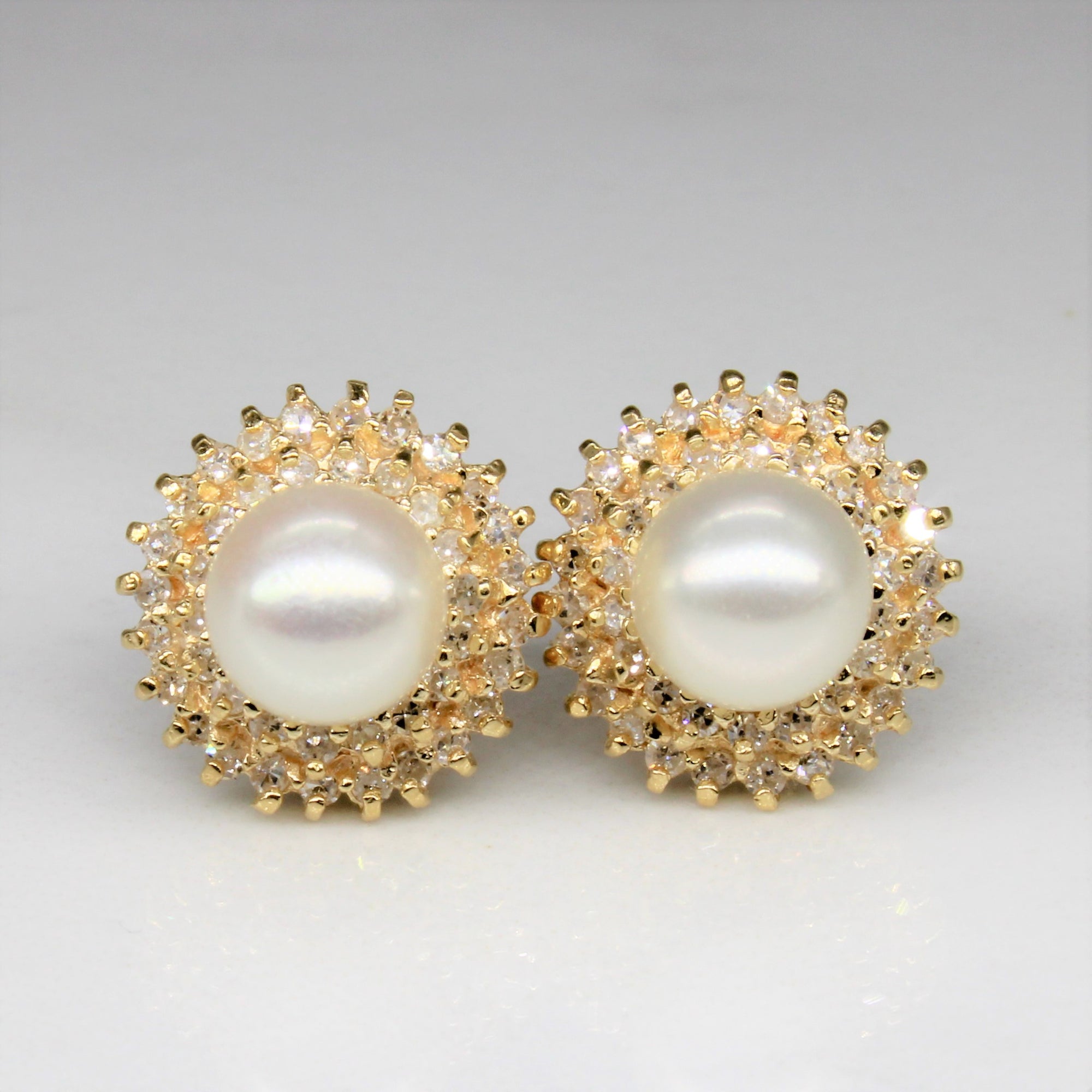 Pearl & Double Diamond Halo Earrings | 4.60ctw, 0.25ctw |
