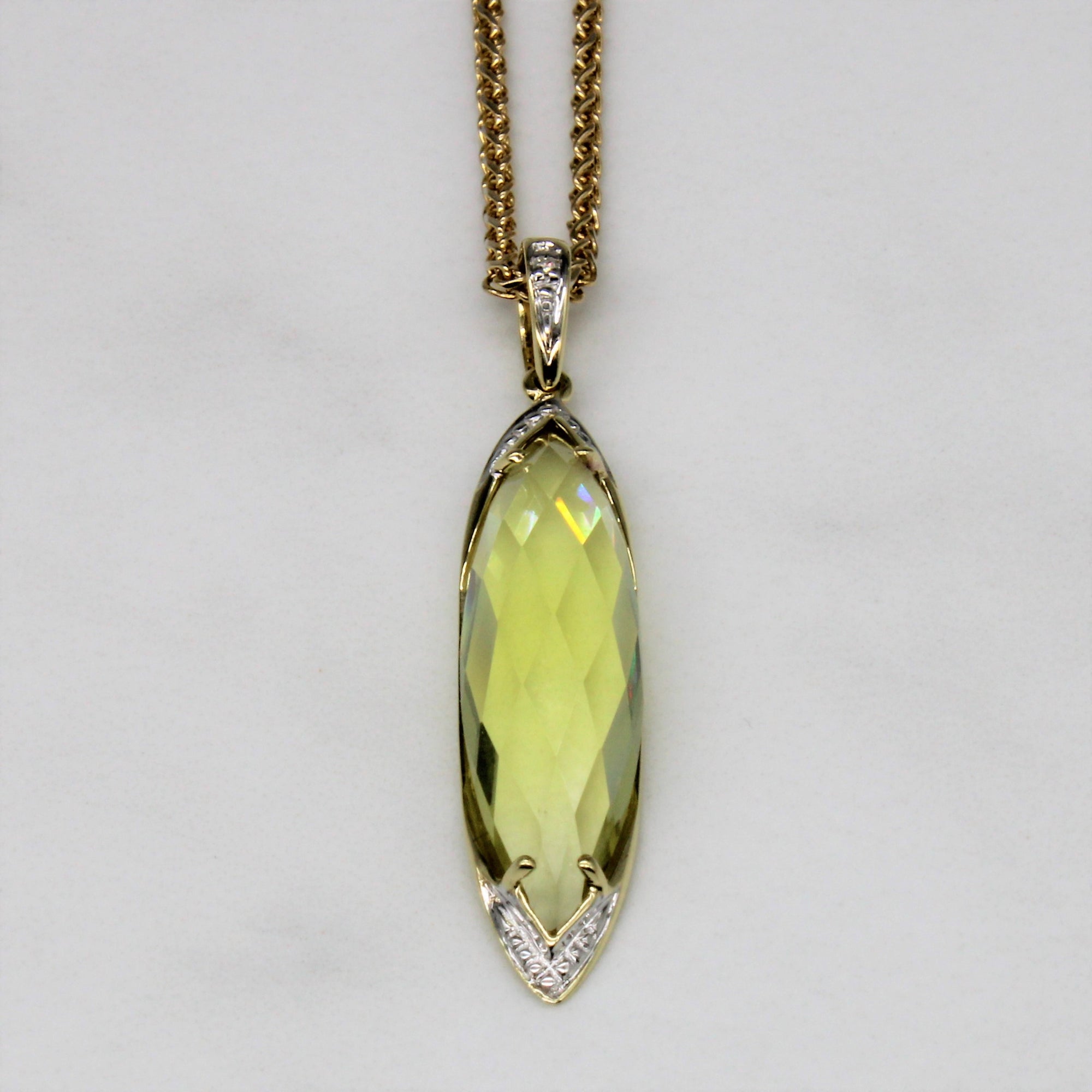 Faceted Marquise Lime Quartz & Diamond Necklace | 4.00ct, 0.01ct | 18