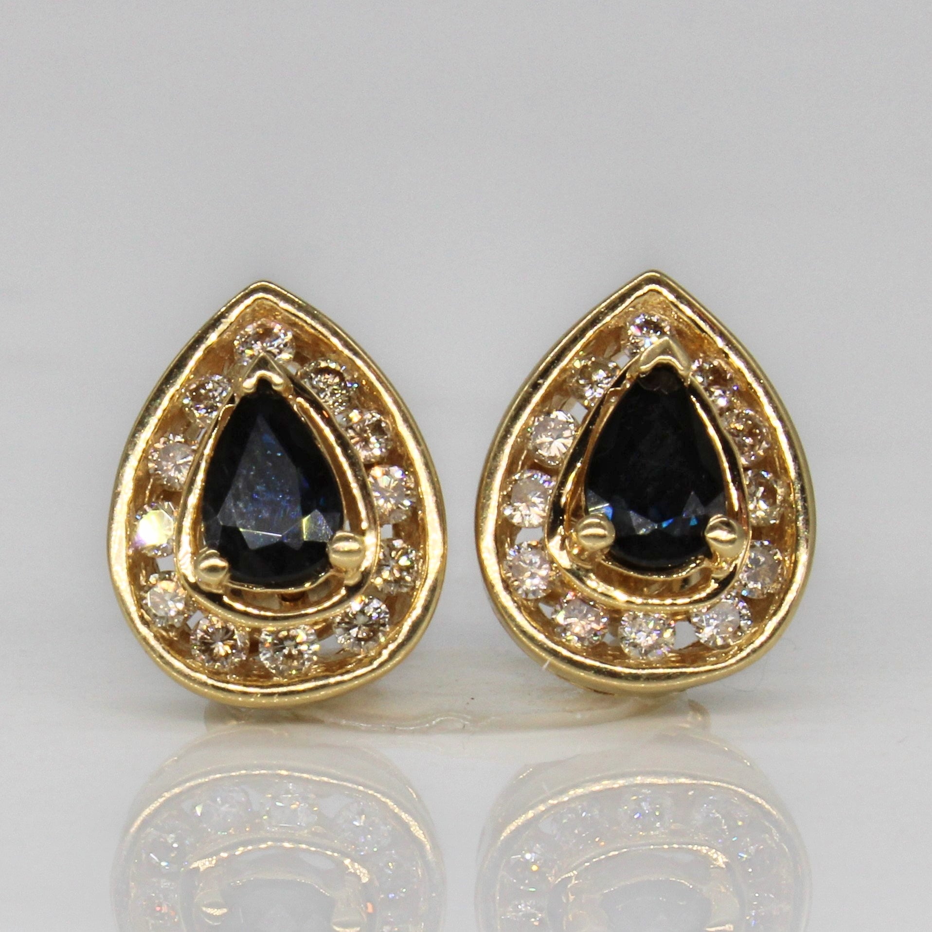 Pear Cut Sapphire & Diamond Halo Earrings | 0.65ctw, 0.36ctw |