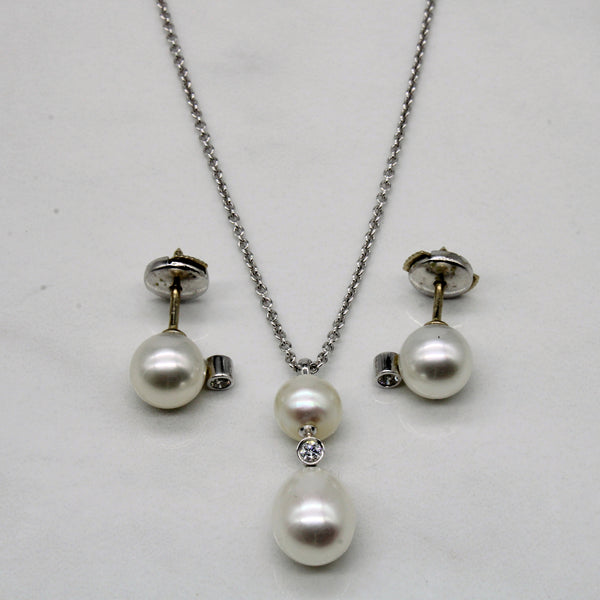 'Birks' Diamond & Pearl Earring & Necklace Set | 0.15ctw | 16