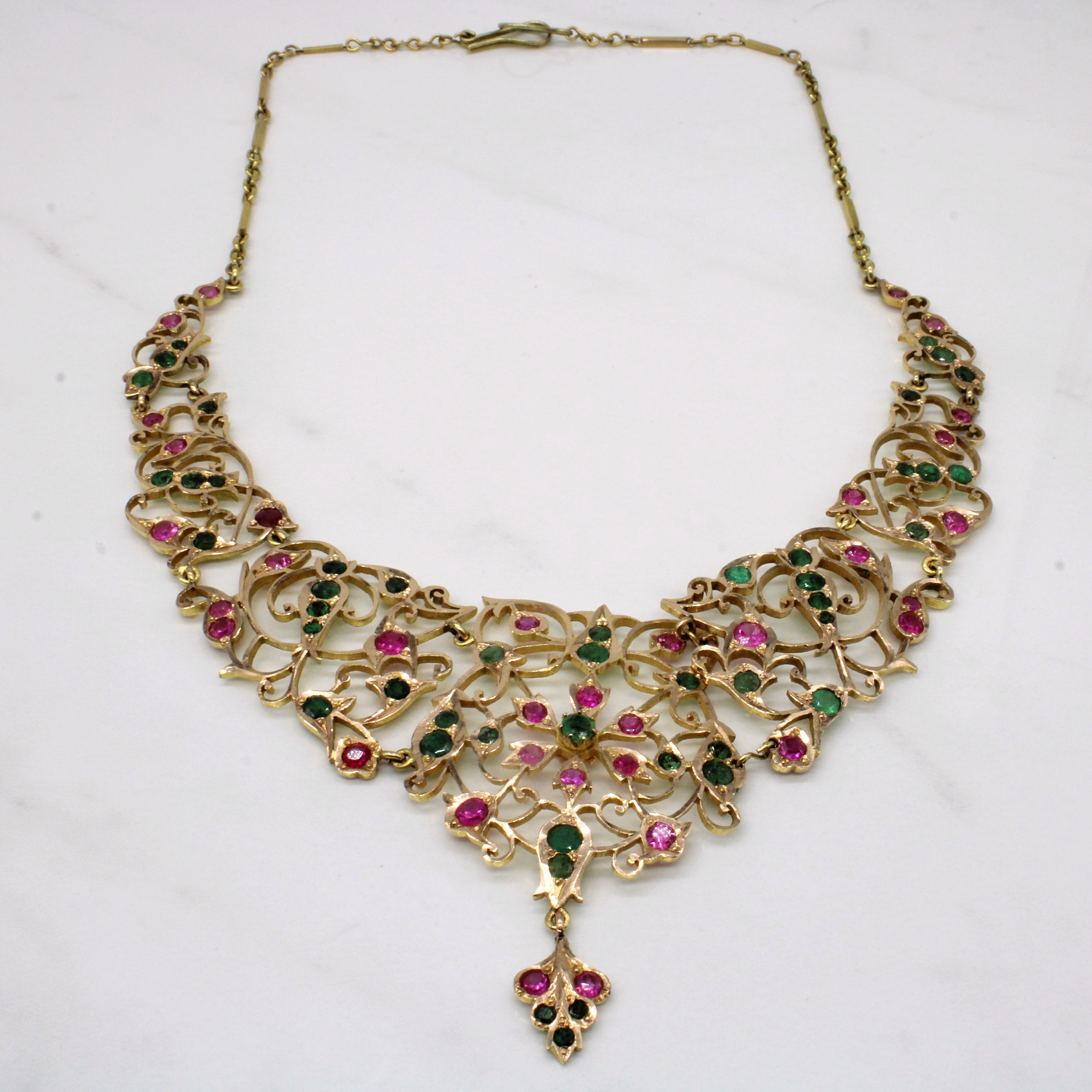 Vintage Emerald & Synthetic Ruby Ornate Necklace | 5.50ctw, 6.80ctw | 20" |