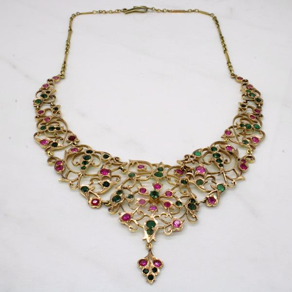 Vintage Emerald & Synthetic Ruby Ornate Necklace | 5.50ctw, 6.80ctw | 20