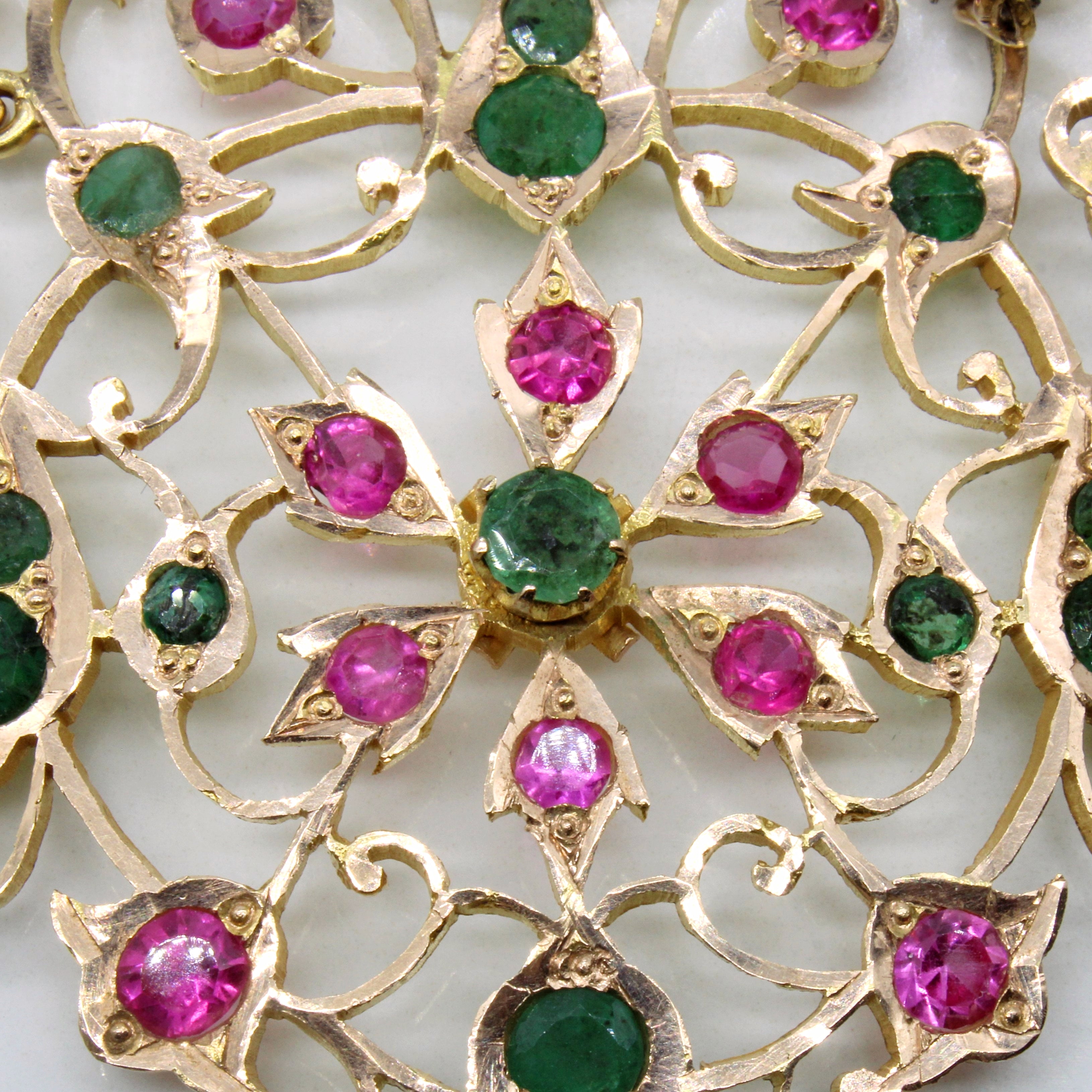 Vintage Emerald & Synthetic Ruby Ornate Necklace | 5.50ctw, 6.80ctw | 20" |