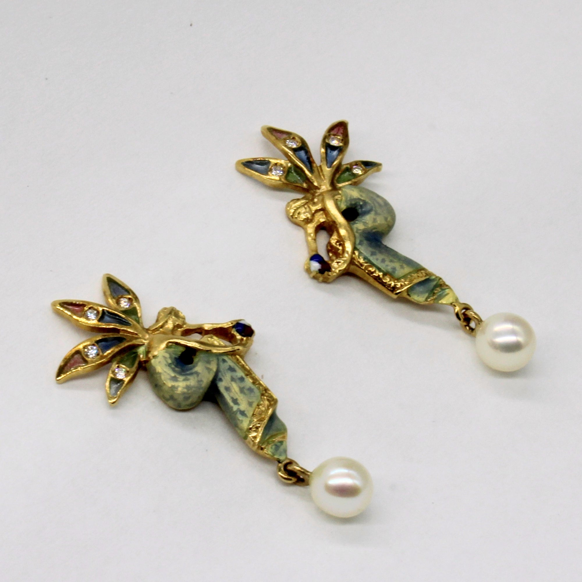 Art Nouveau Diamond Reproduction Diamond & Pearl Earrings | 0.05ctw |
