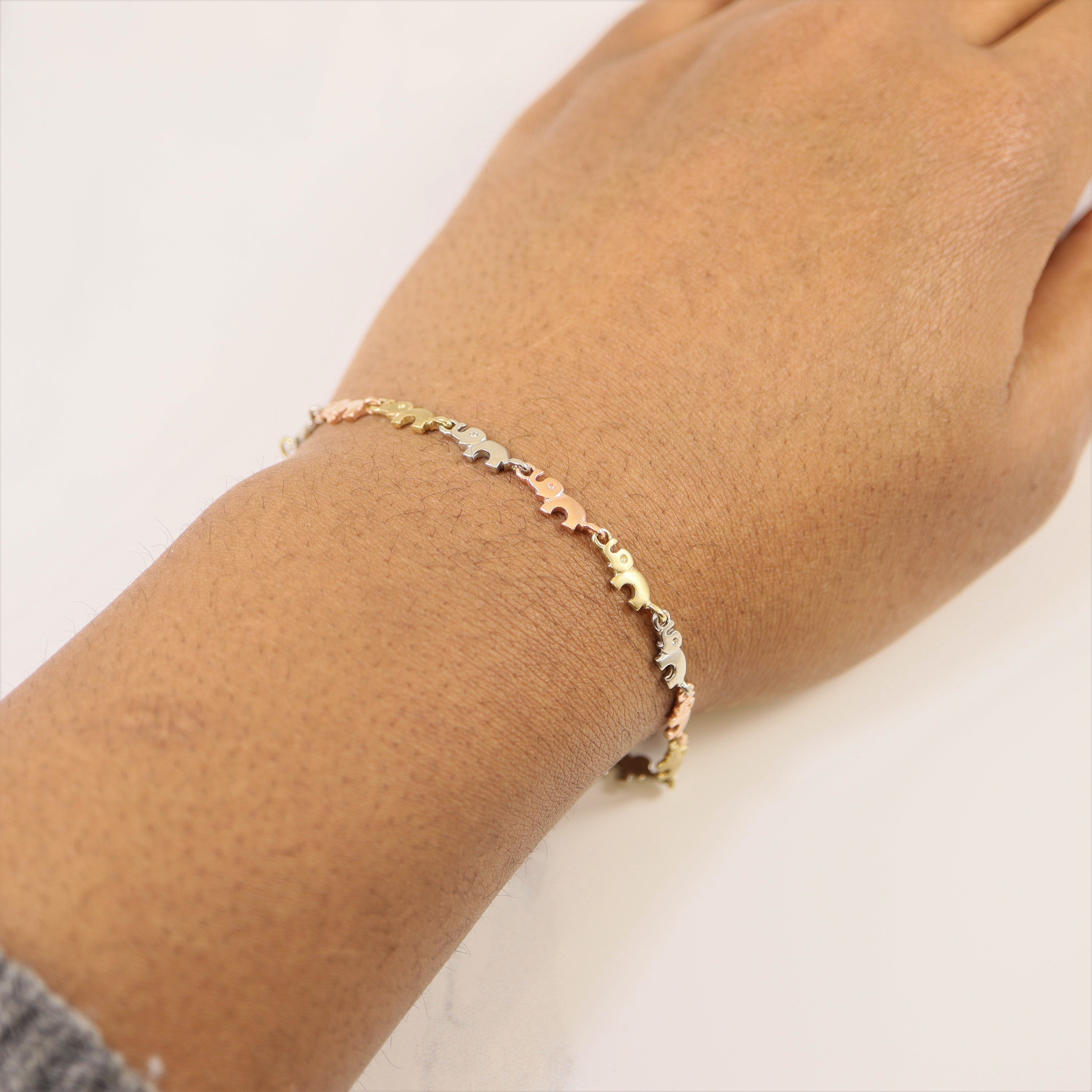 Tri Tone Gold Elephant Link Bracelet |