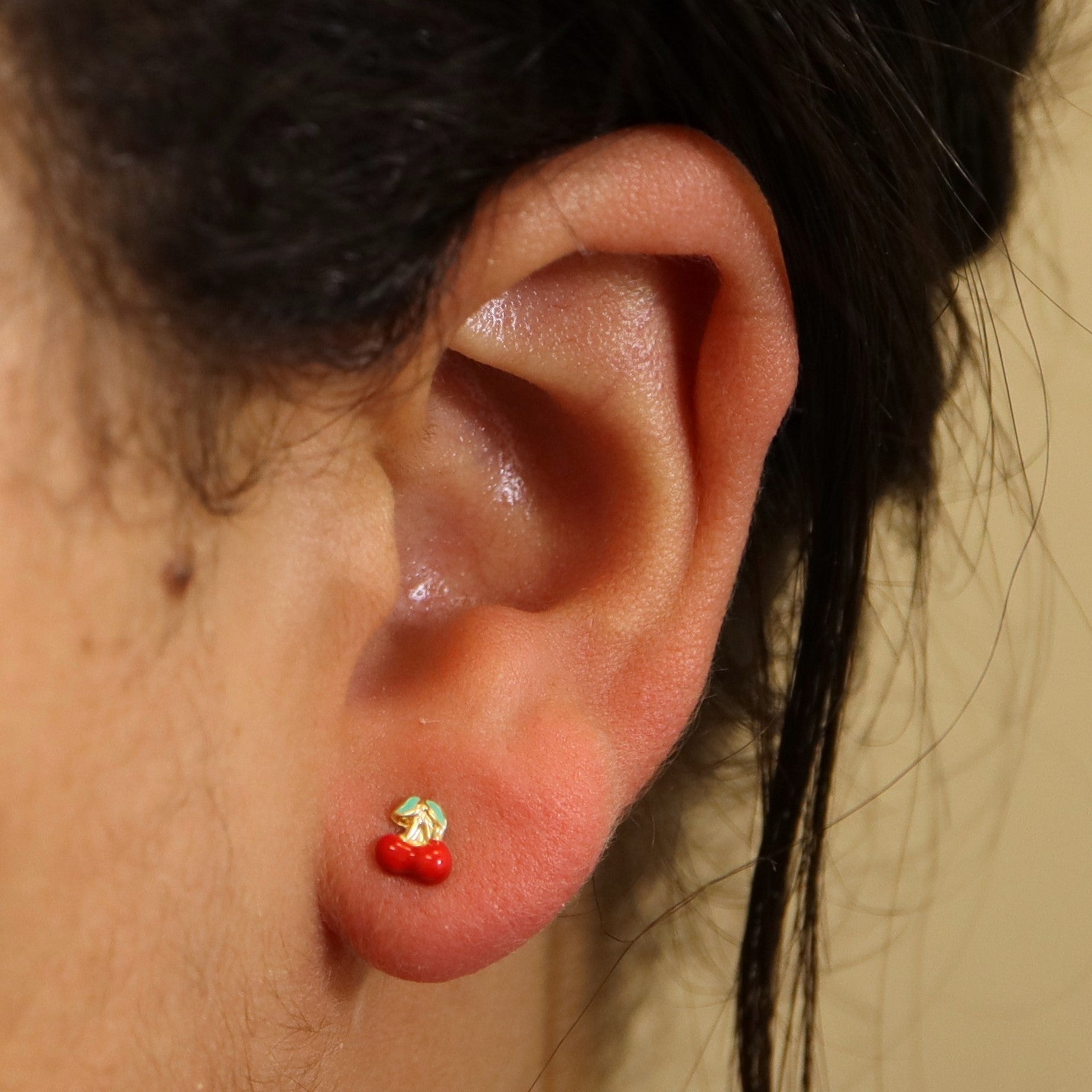 Enameled Cherry Threadback Stud Earrings |