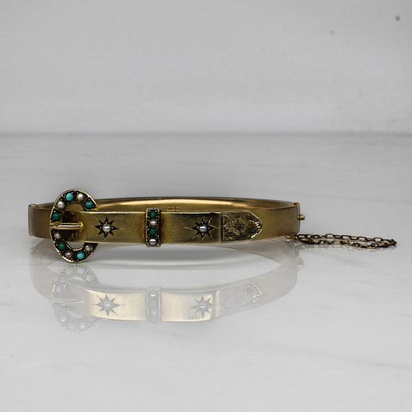 Edwardian Turquoise & Pearl Buckle Bracelet | 0.24ctw | 8