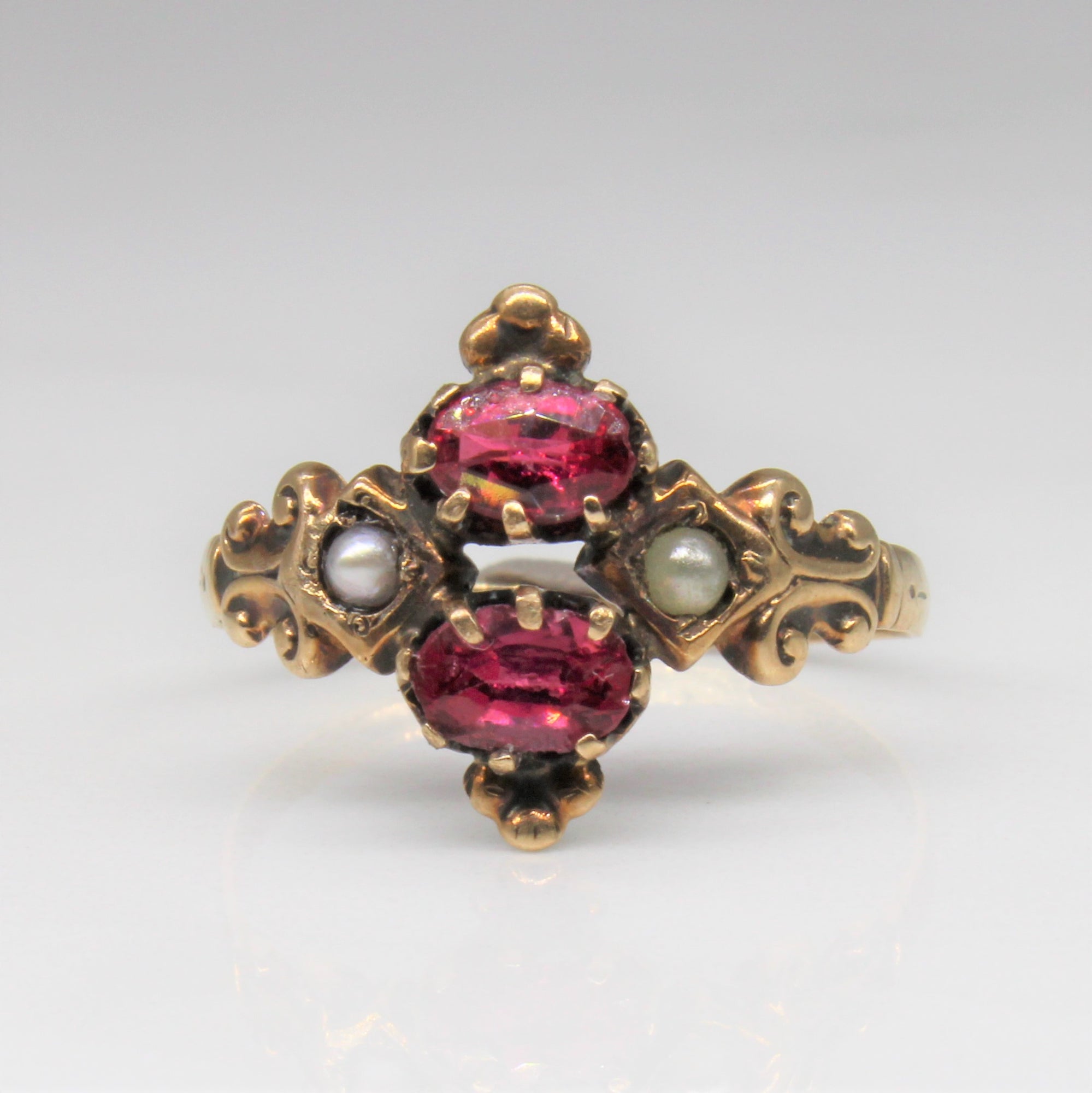 Early Victorian Red Glass & Seed Pearl Ring | SZ 7 |