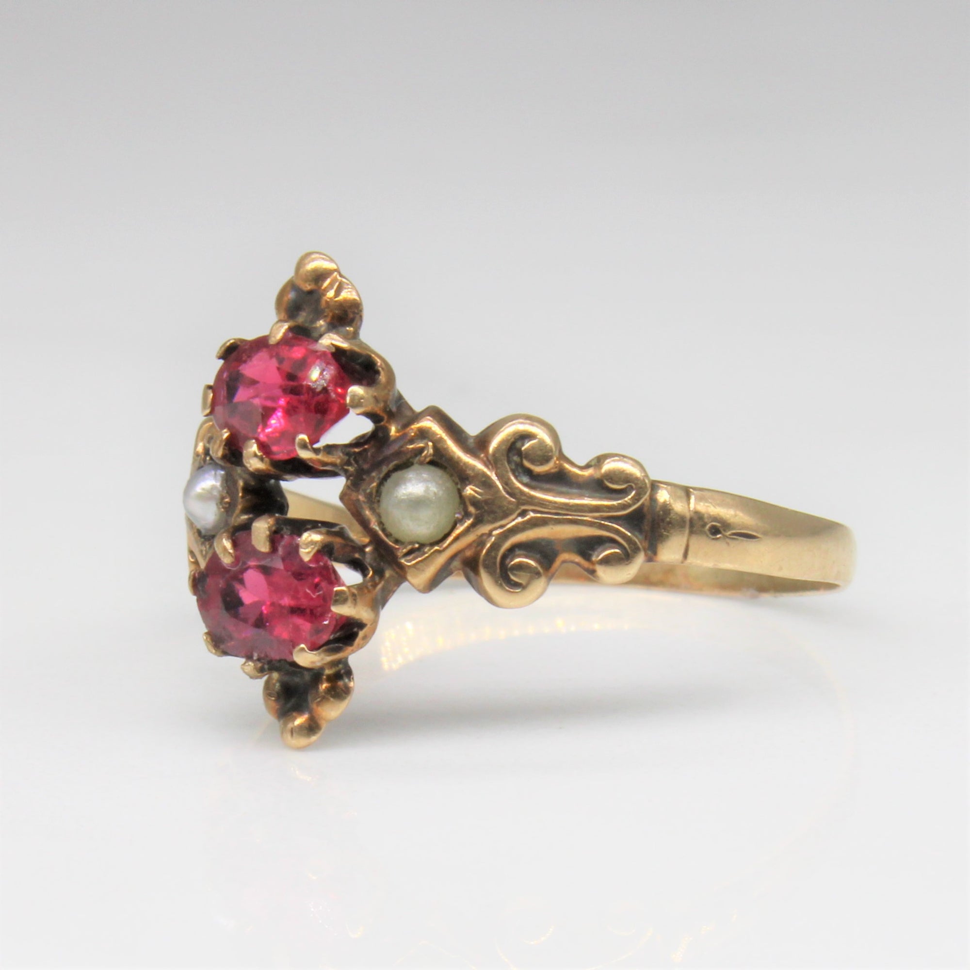 Early Victorian Red Glass & Seed Pearl Ring | SZ 7 |