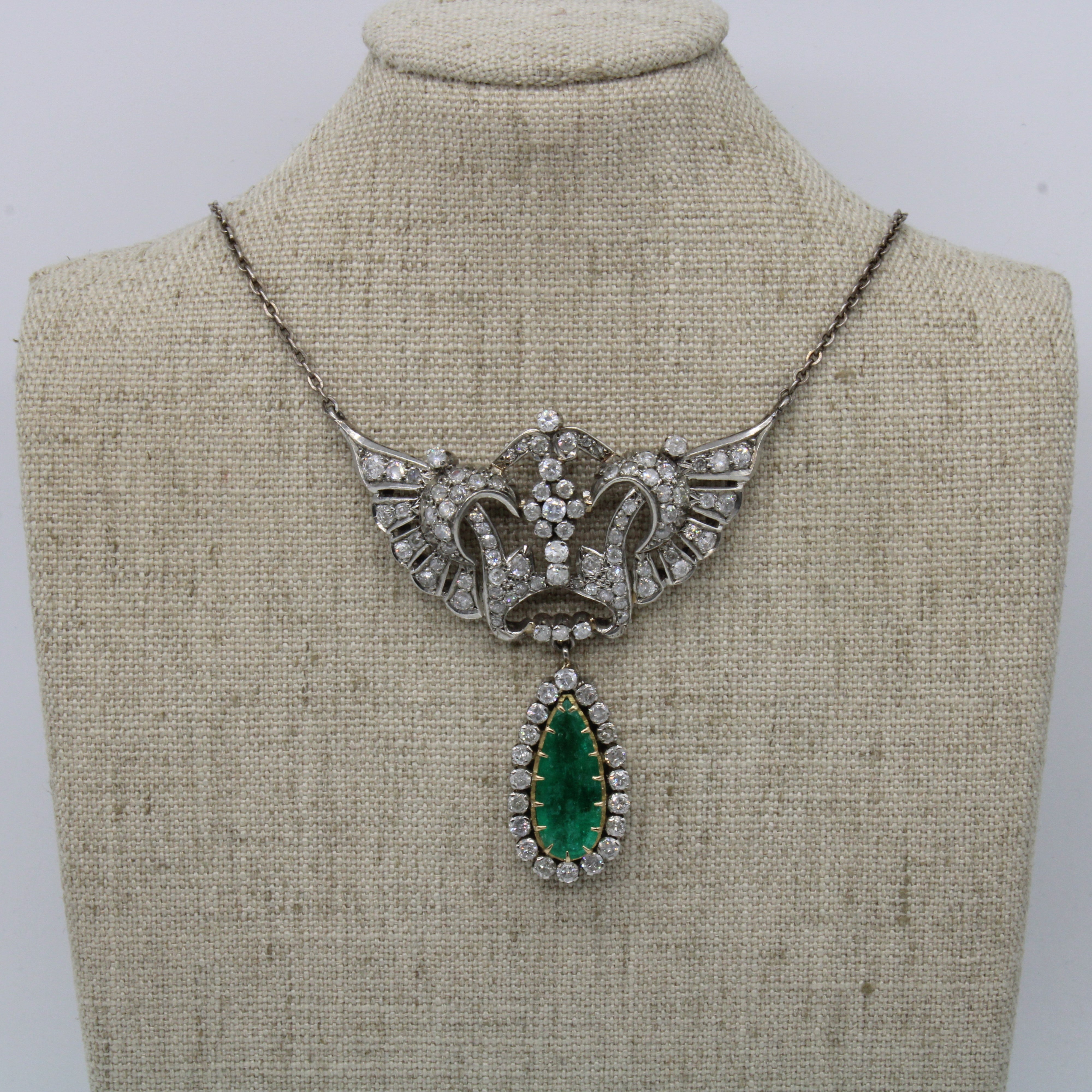 Wing Motif Hand Fabricated Colombian Emerald Jewelry Set | 6.36ctw Emeralds, 7.63ctw Diamonds| 19" |