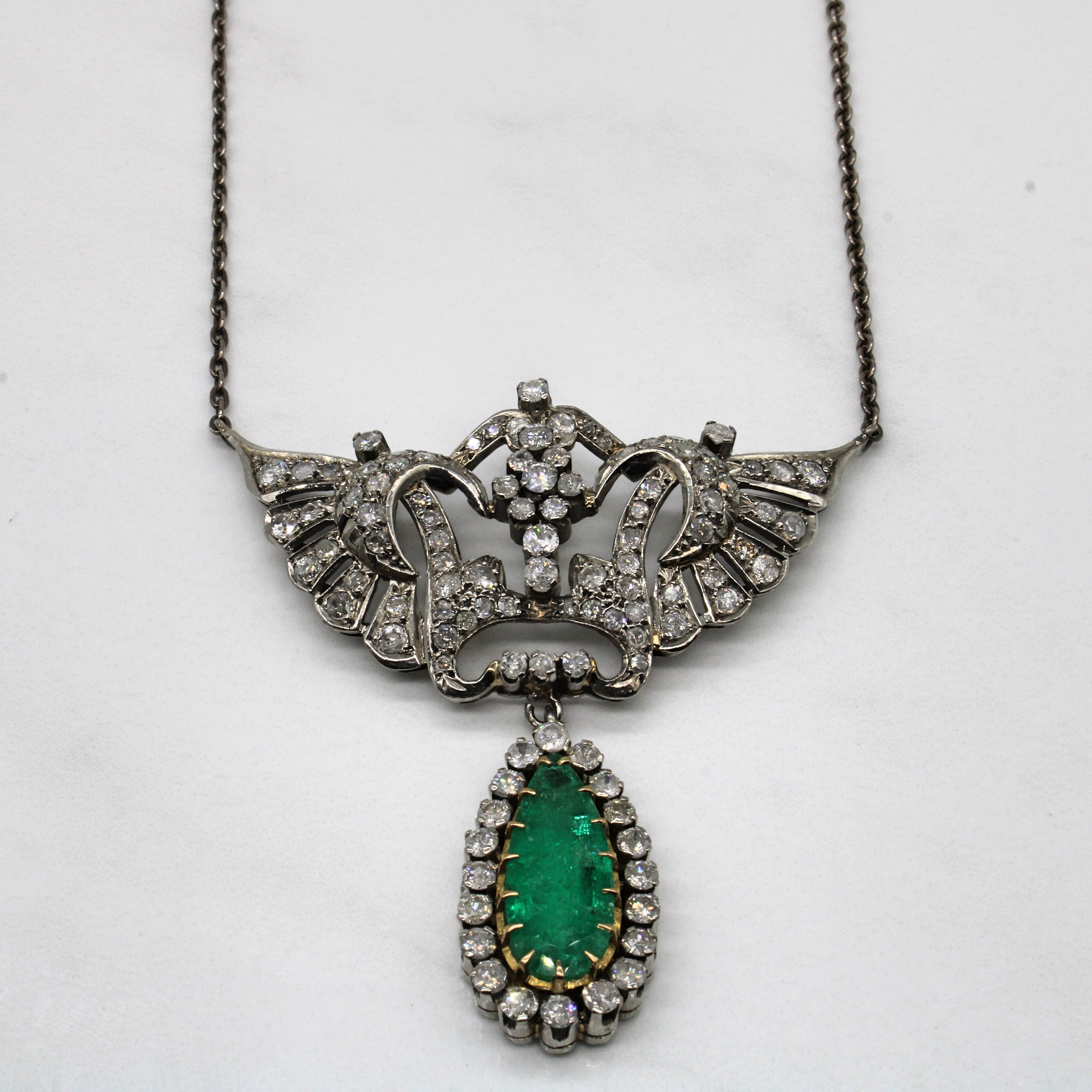 Wing Motif Hand Fabricated Colombian Emerald Jewelry Set | 6.36ctw Emeralds, 7.63ctw Diamonds| 19" |