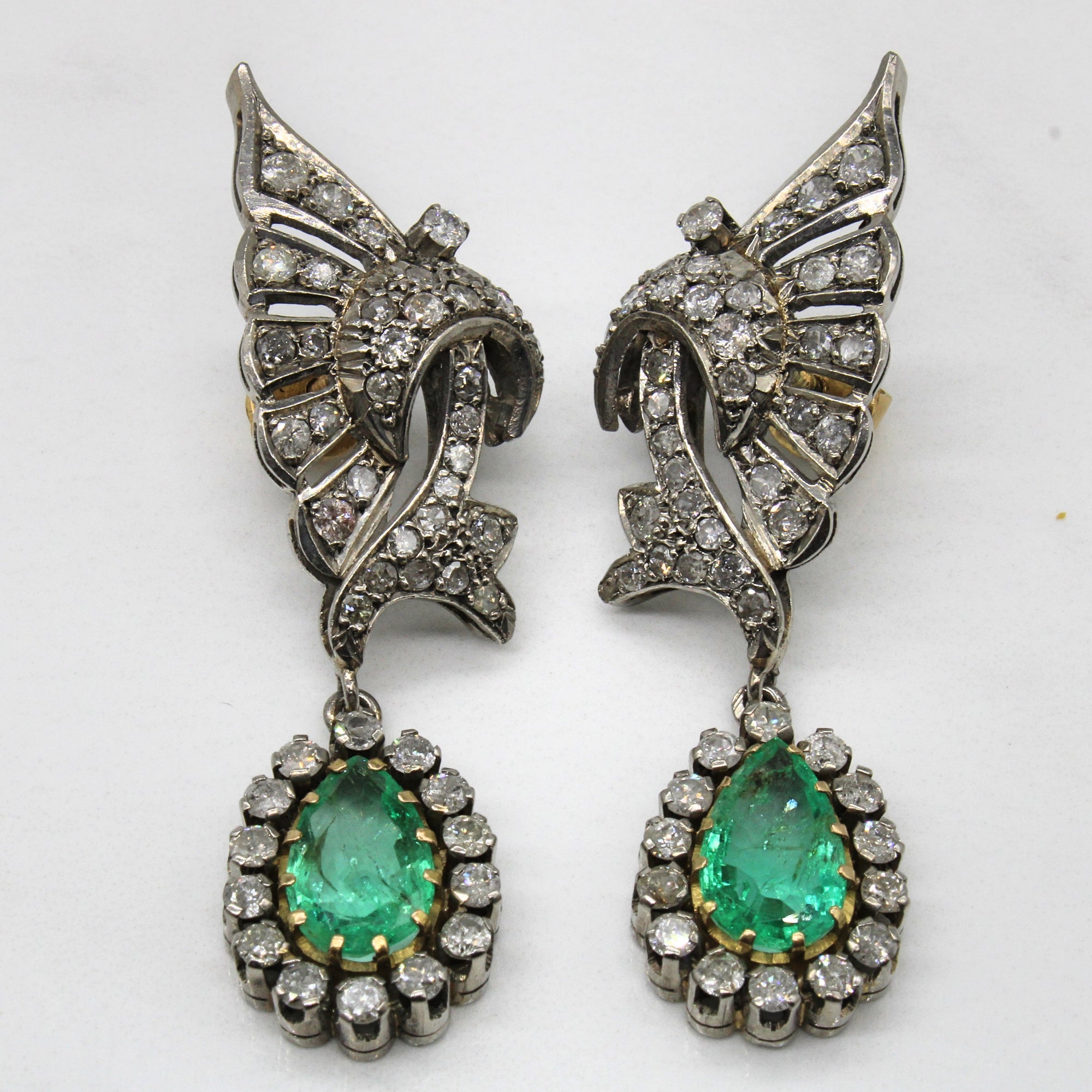 Wing Motif Hand Fabricated Colombian Emerald Jewelry Set | 6.36ctw Emeralds, 7.63ctw Diamonds| 19