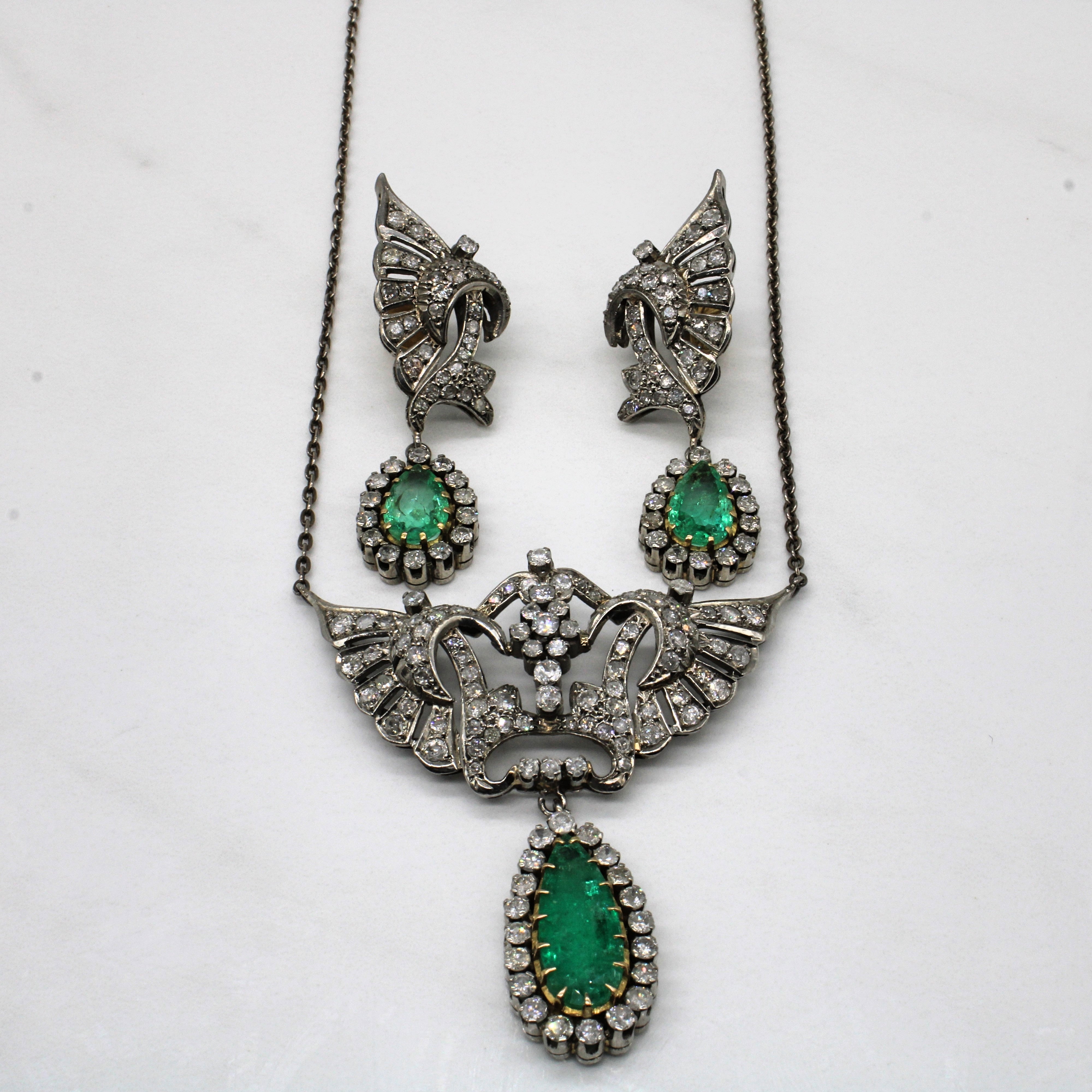 Wing Motif Hand Fabricated Colombian Emerald Jewelry Set | 6.36ctw Emeralds, 7.63ctw Diamonds| 19" |