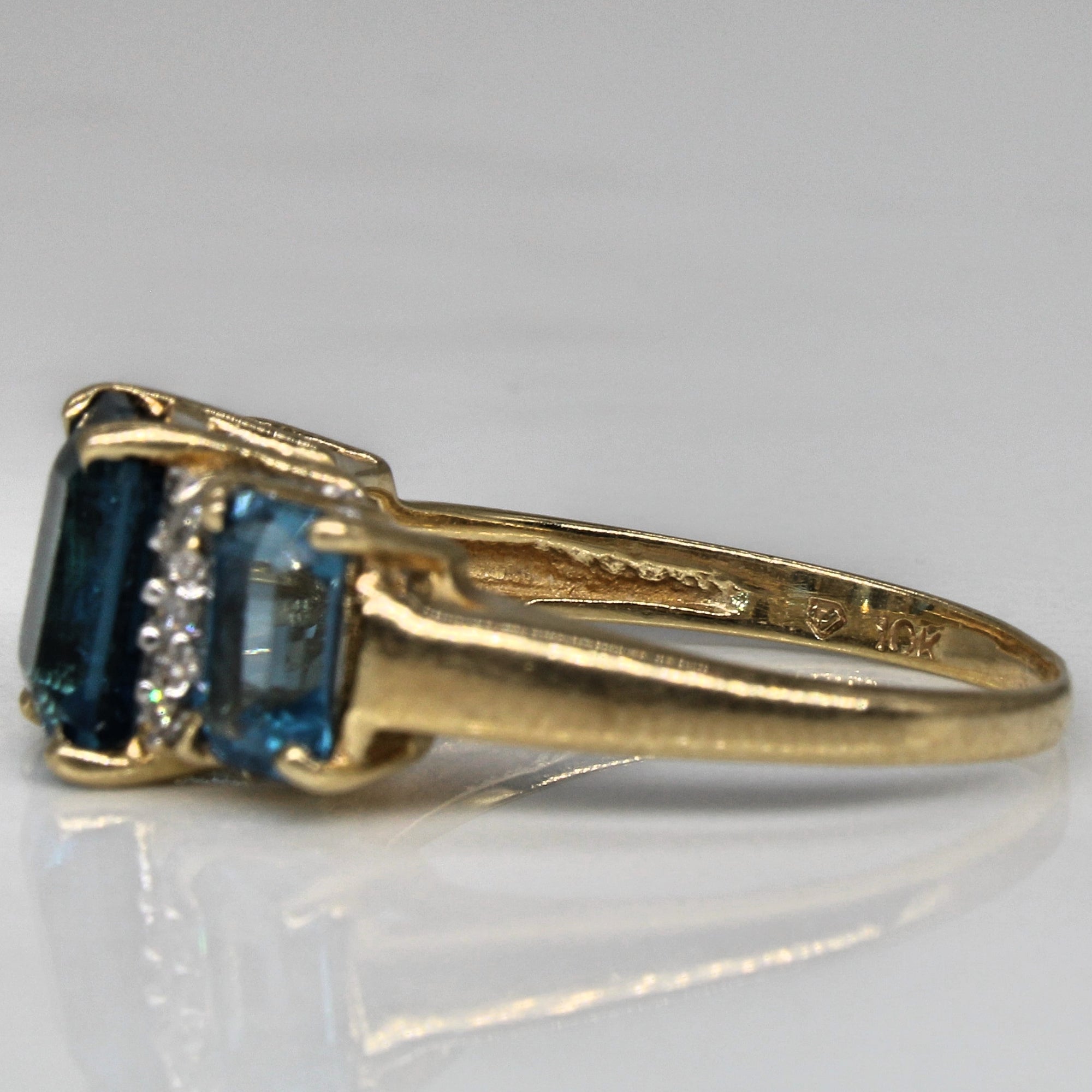 Three Stone Blue Topaz & Diamond Ring | 3.05ctw, 0.08ctw | SZ 6.5 |