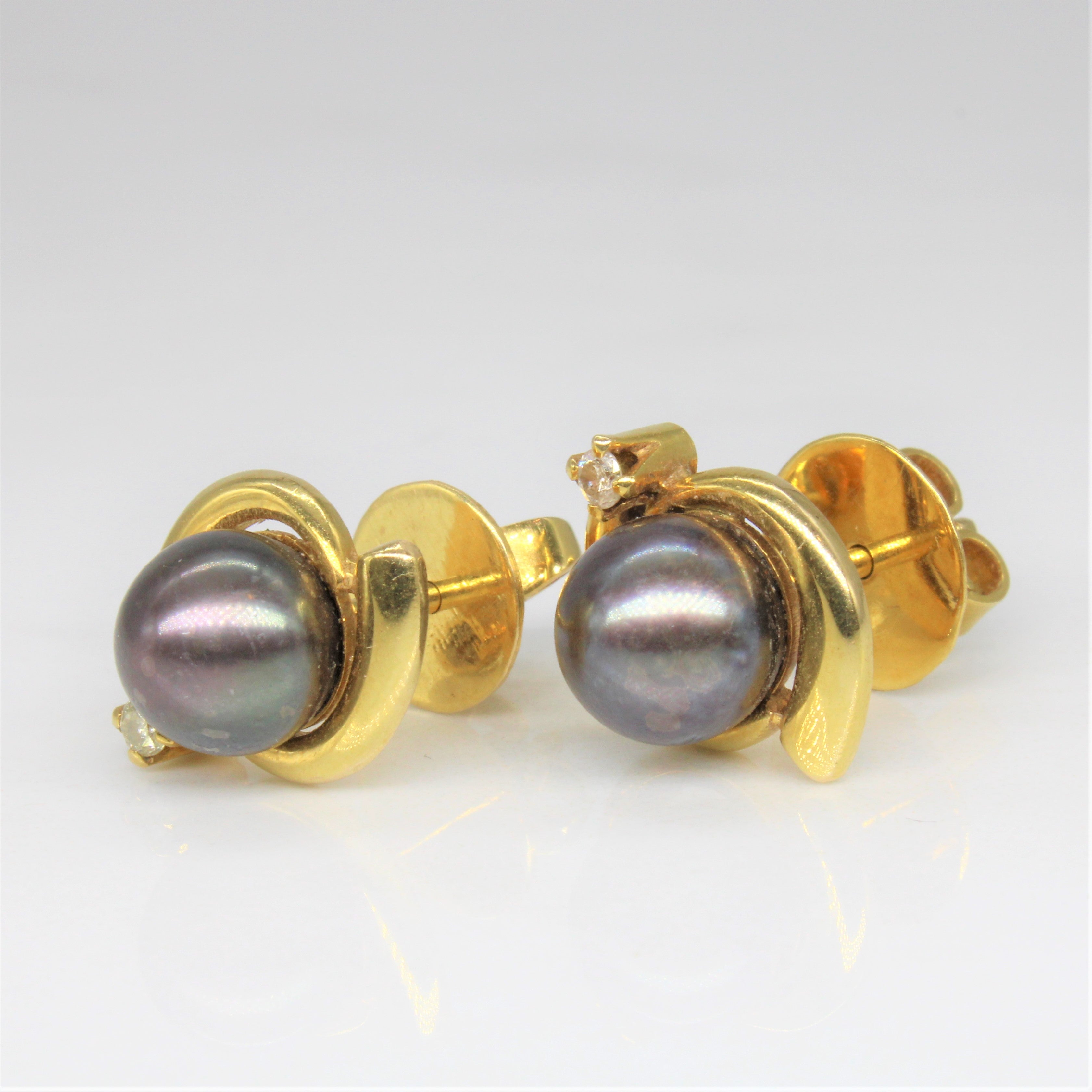 Black Pearl & Diamond Swirl Stud Earrings | 0.06ctw |