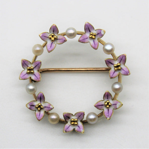 Art Nouveau Seed Pearl & Enamel Floral Forget Me Not Brooch |