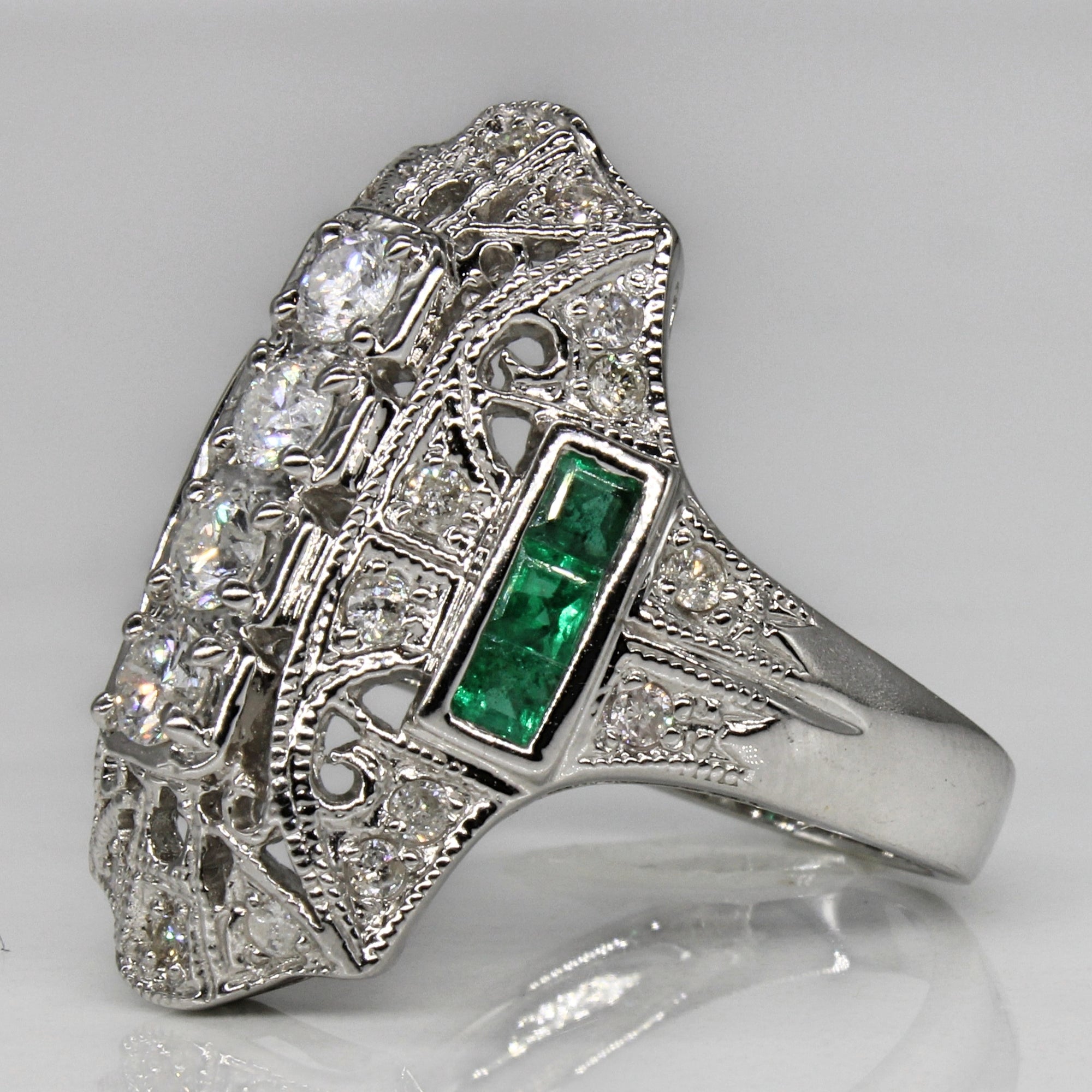 Art Deco Inspired Diamond & Emerald  Ring | 0.93ctw, 0.51ctw | SZ 7 |