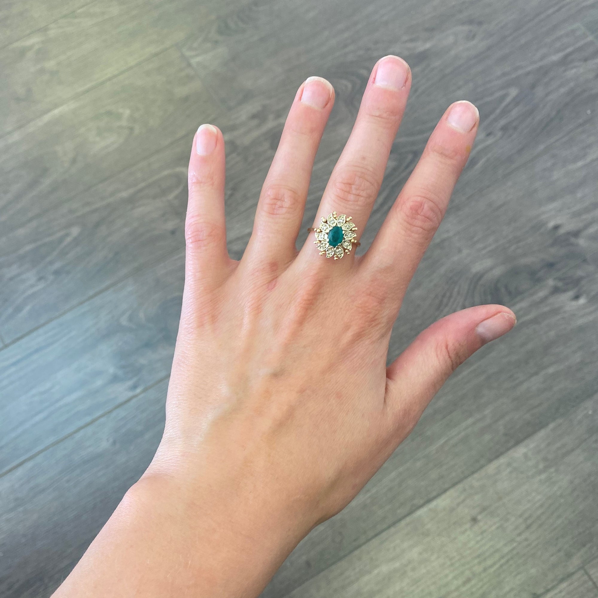 Courtship' Floral Diamond Halo Emerald Ring Circa 1940s | 0.12ctw, 0.55ct | SZ 8 |