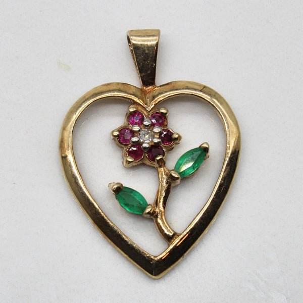 Ruby and Emerald Flower & Heart Pendant | 0.16ctw |