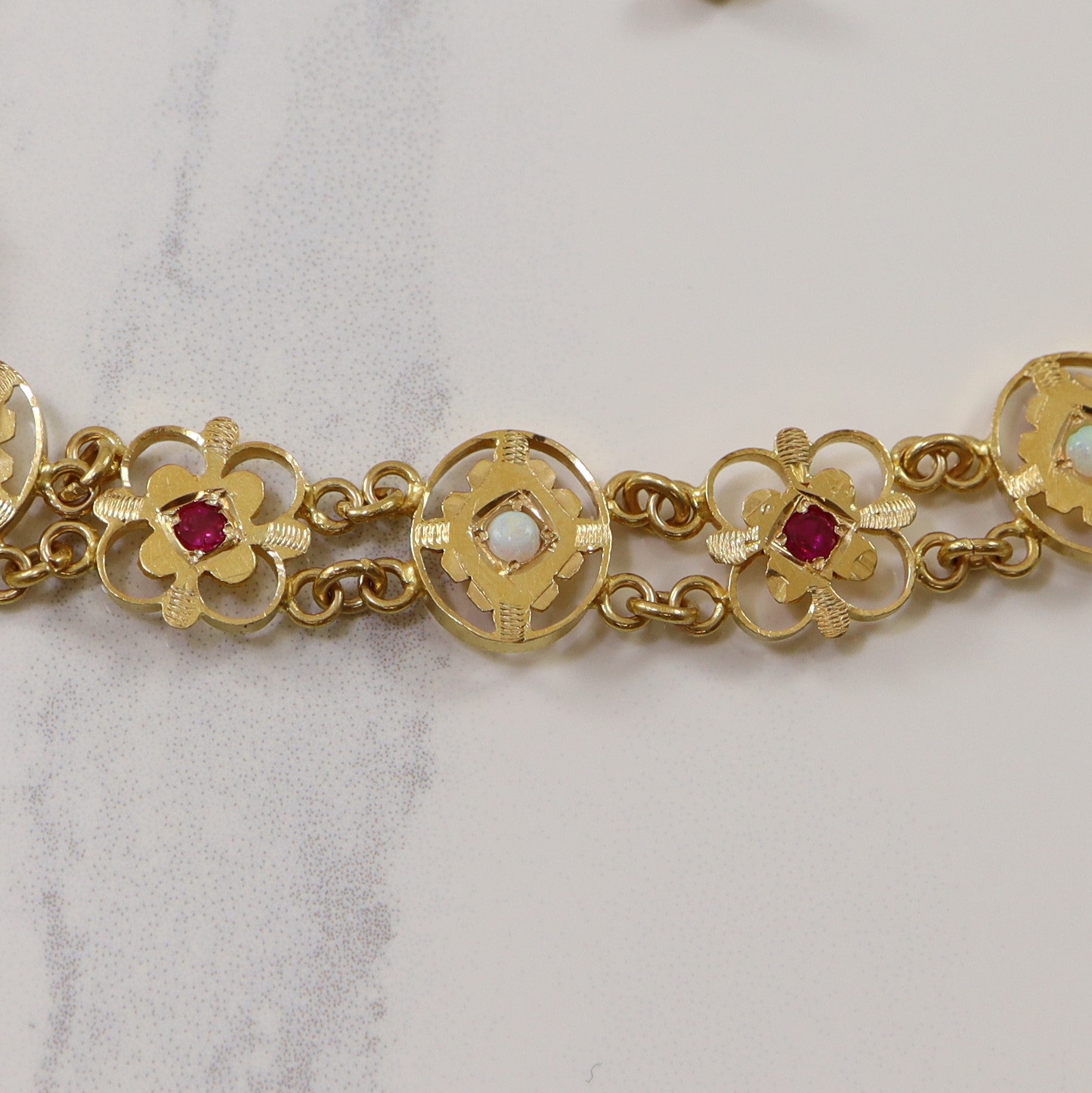 Synthetic Ruby & Opal Gold Filigree Bracelet | 1.00ctw | 8