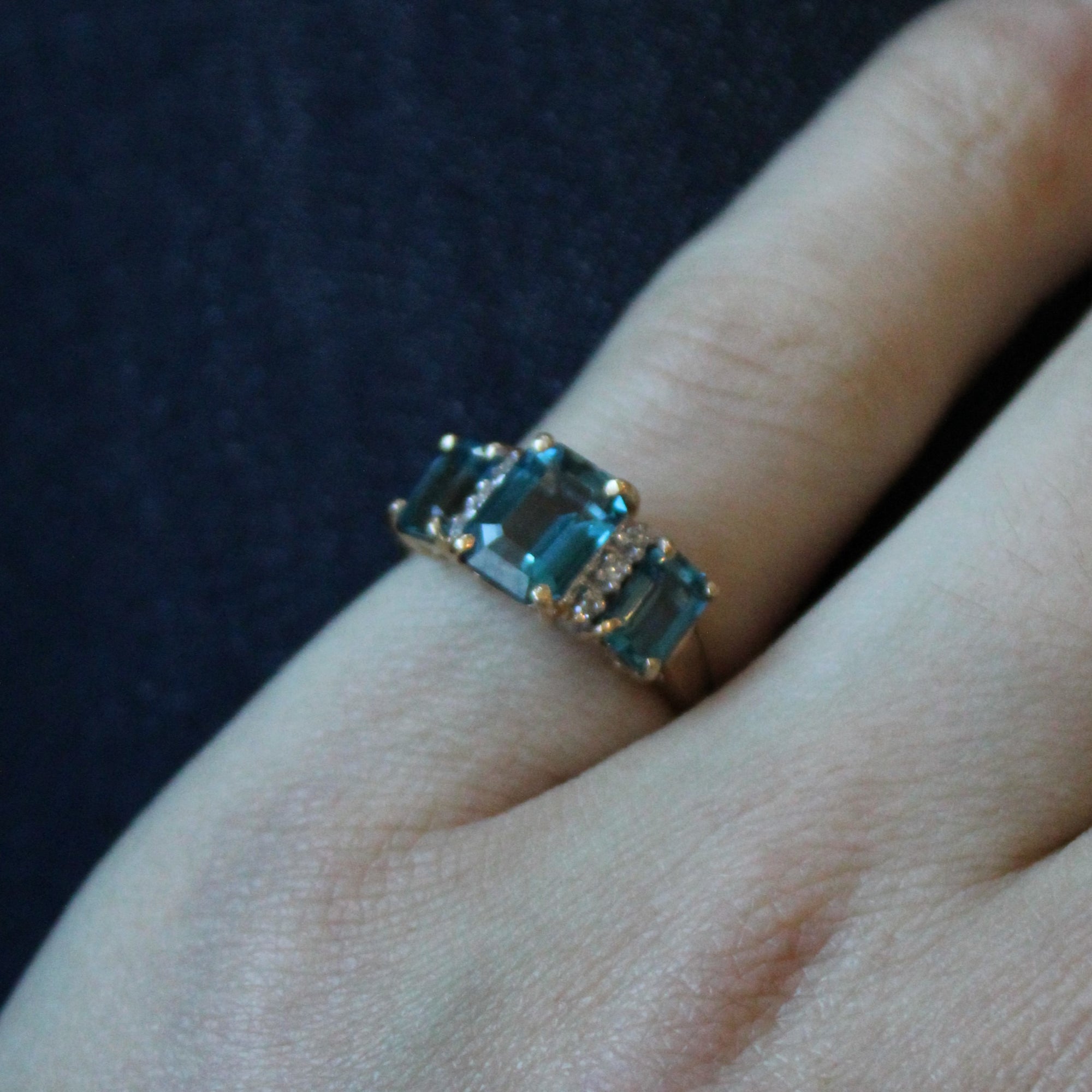 Three Stone Blue Topaz & Diamond Ring | 3.05ctw, 0.08ctw | SZ 6.5 |
